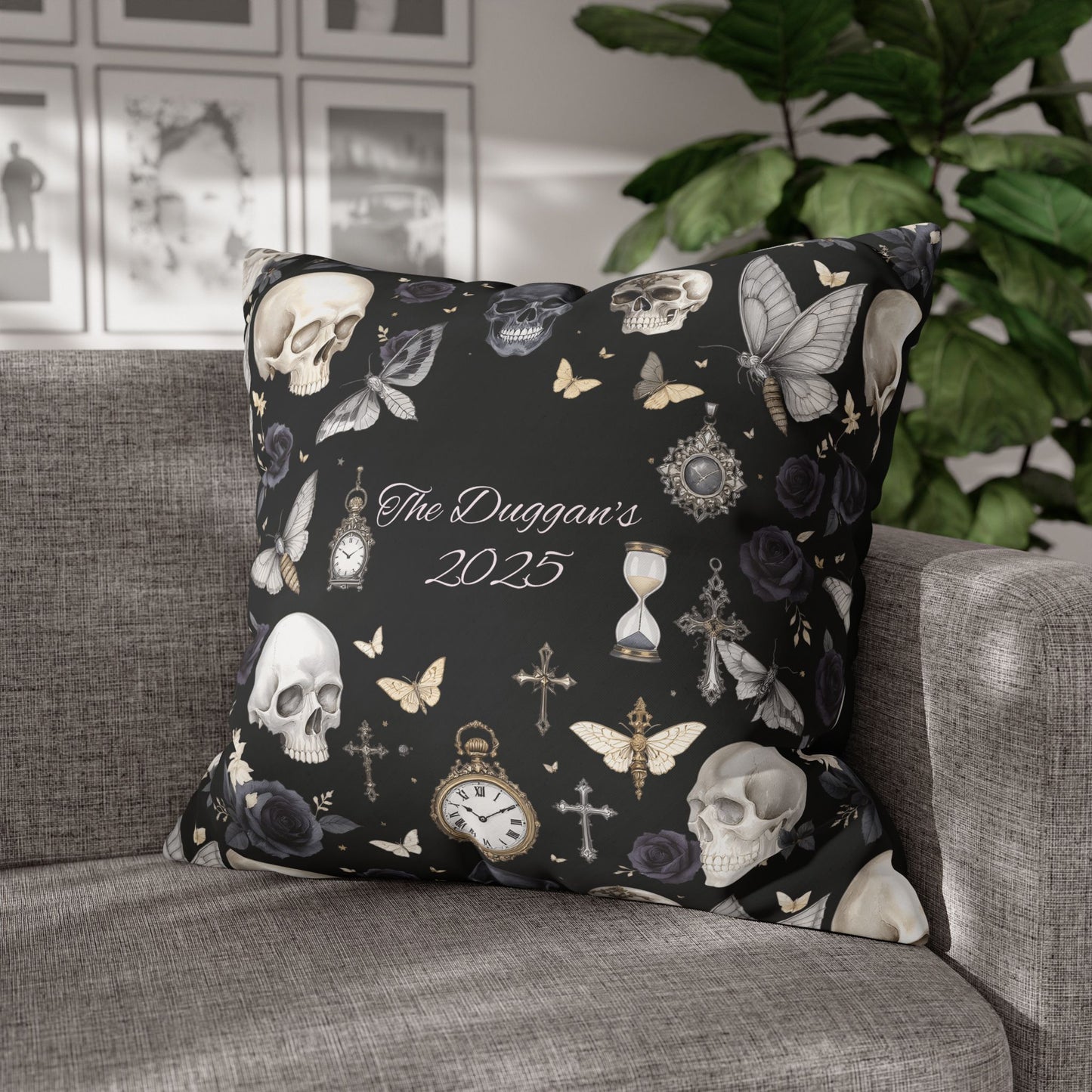 Gothic Skull Floral Pattern Square Pillowcase | gothic throw pillow, personalized whimsigoth decor