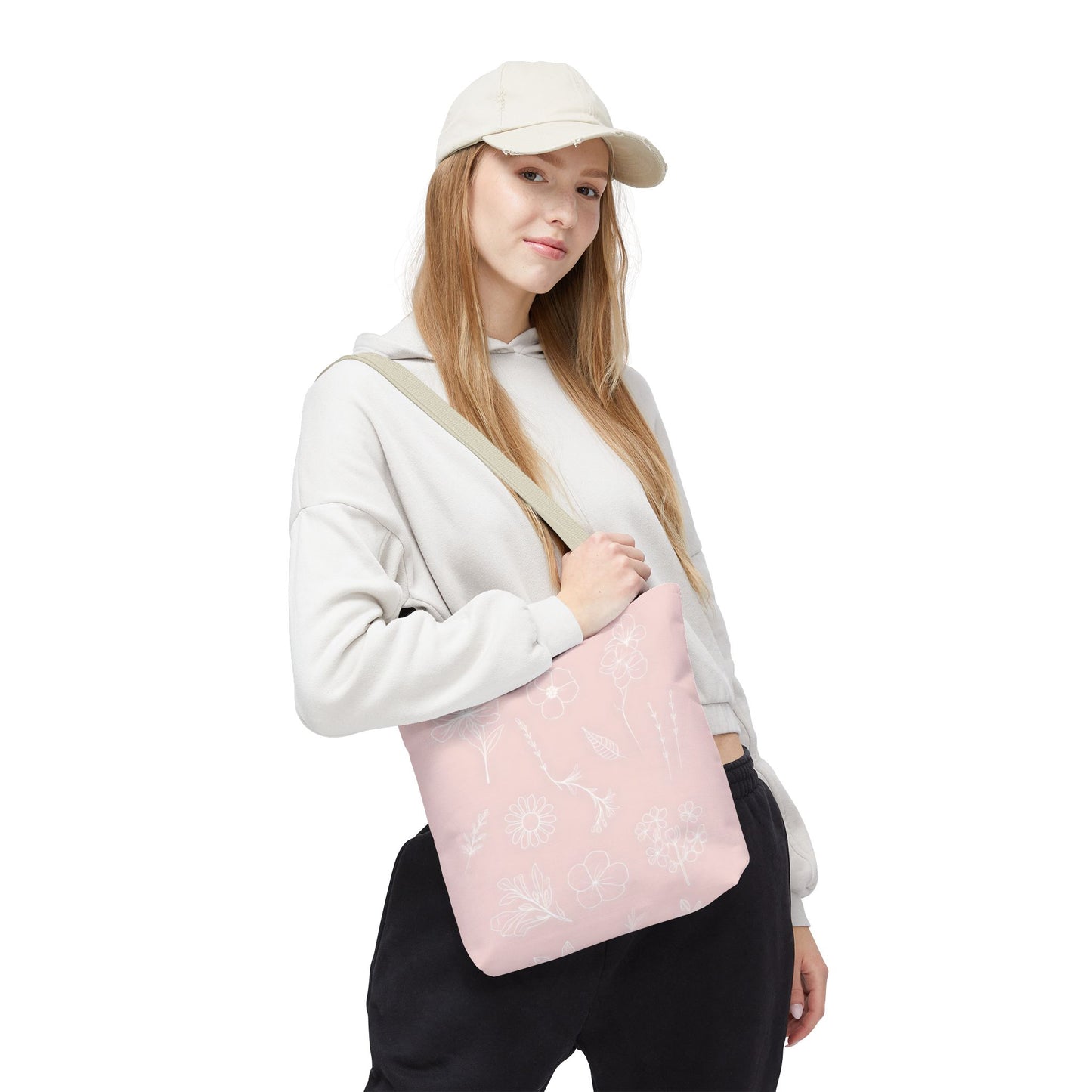 Hand drawn style flower print tote, pastel pink, Canvas shoulder bag, reusable  lunch bag.