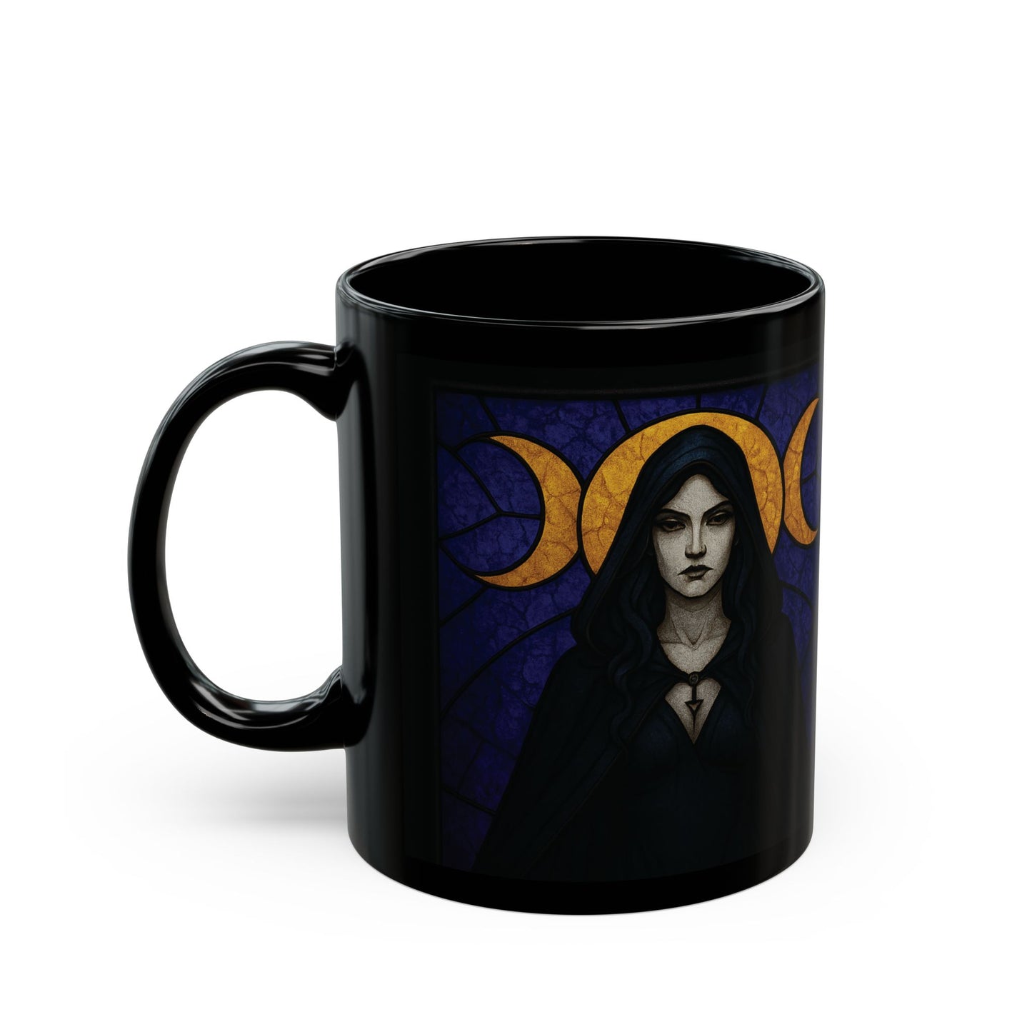 Triple Moon Goddess Stained Glass Effect Mug, Perfect as a spiritual gift idea, it brings together the power of the triple moon, embodying the essence of the moon goddess.