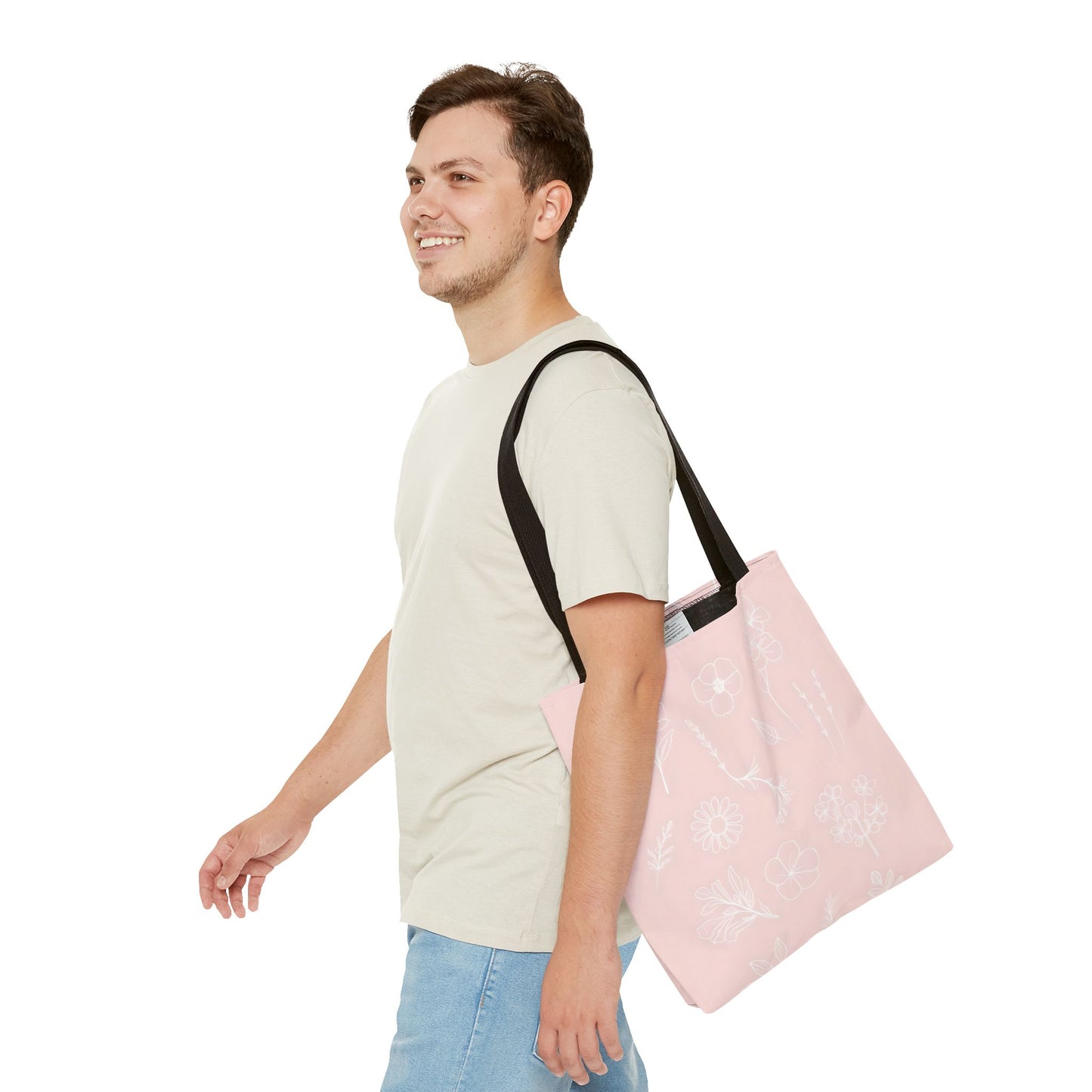 Hand drawn style flower print tote, pastel pink, Canvas shoulder bag, reusable  lunch bag.