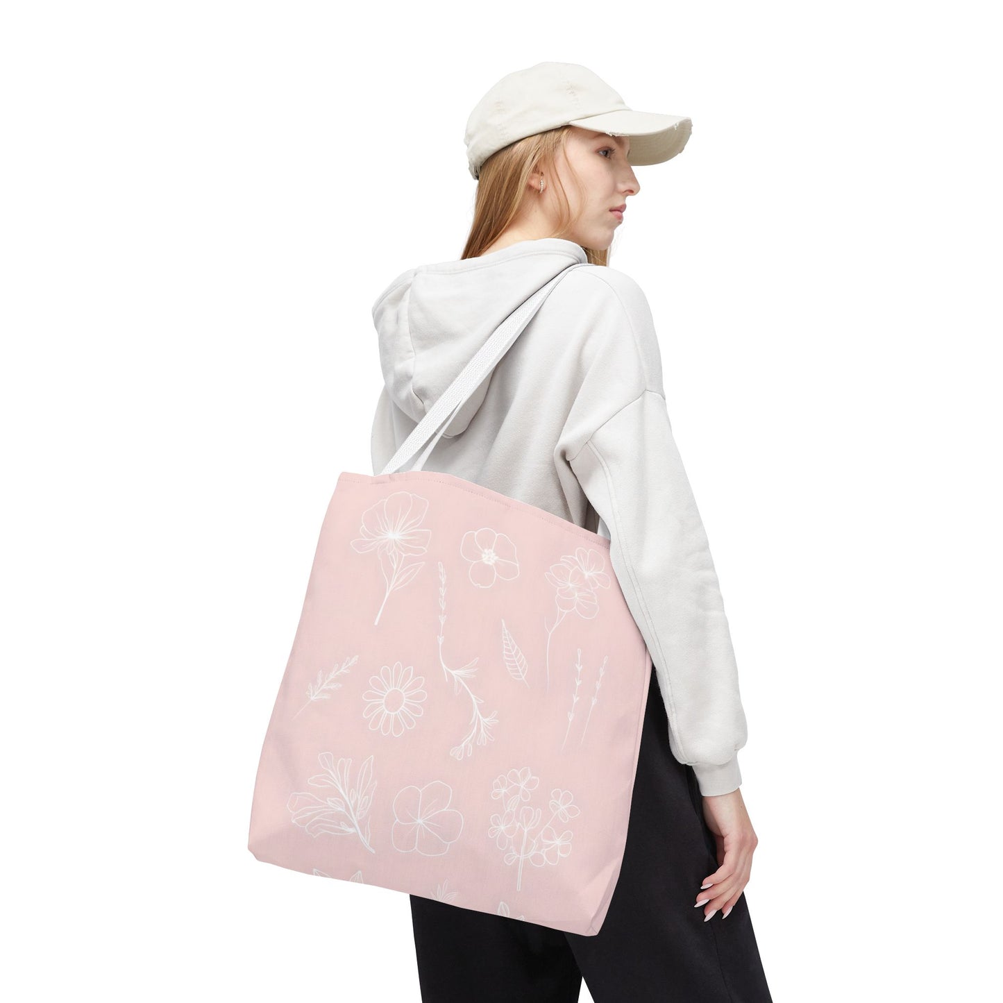 Hand drawn style flower print tote, pastel pink, Canvas shoulder bag, reusable  lunch bag.