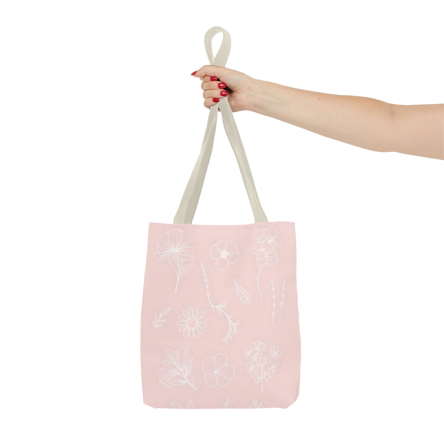 Hand drawn style flower print tote, pastel pink, Canvas shoulder bag, reusable  lunch bag.