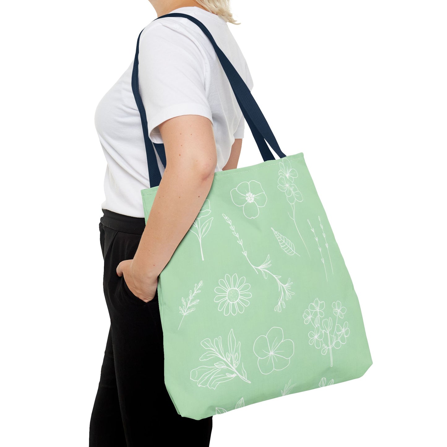 Hand drawn style flower print tote, pastel green, Canvas shoulder bag, reusable  lunch bag.