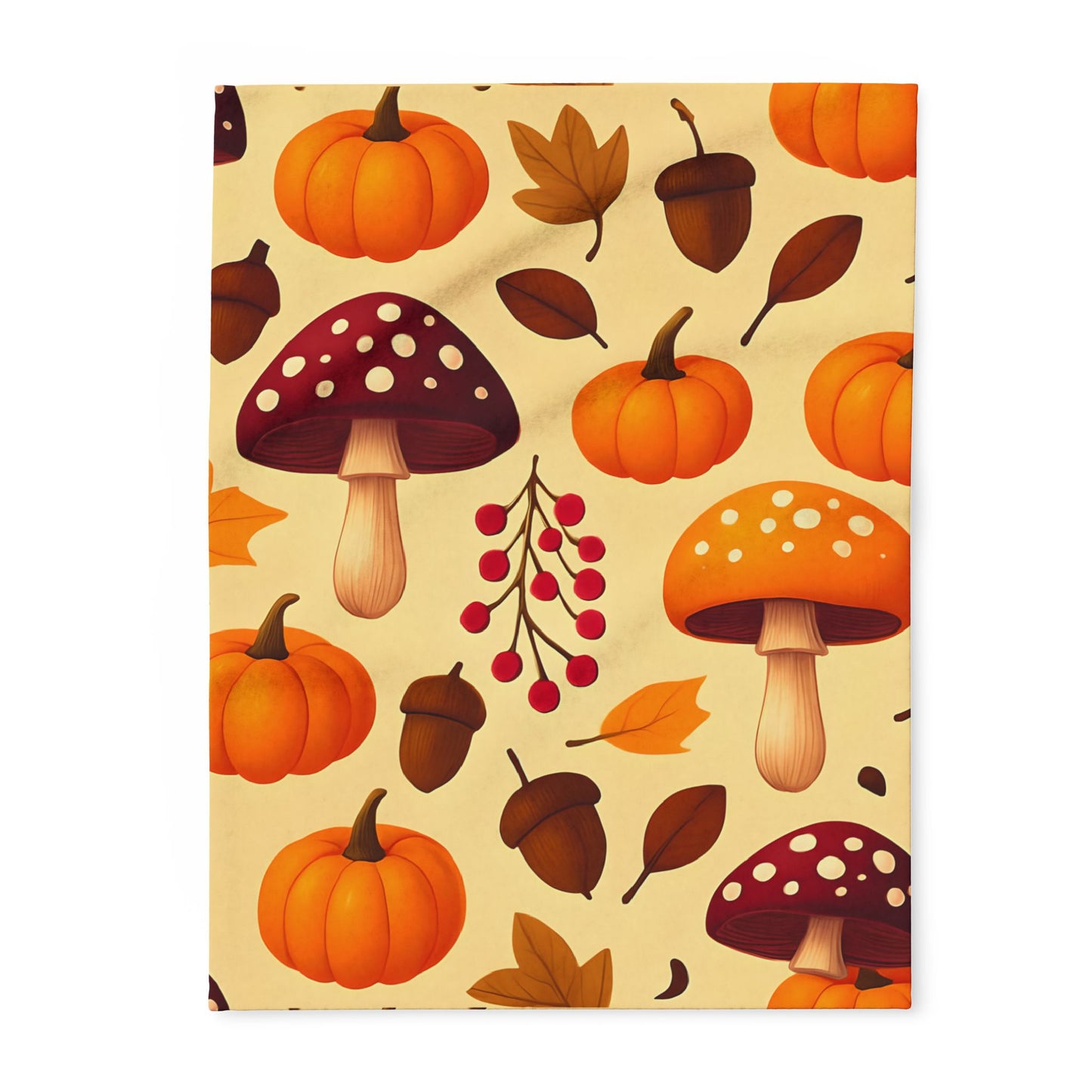 Cozy Autumn Pumpkin Blanket, This plush, cozy fleece blanket captures the essence of the season with its vibrant pumpkin and shroom motifs.