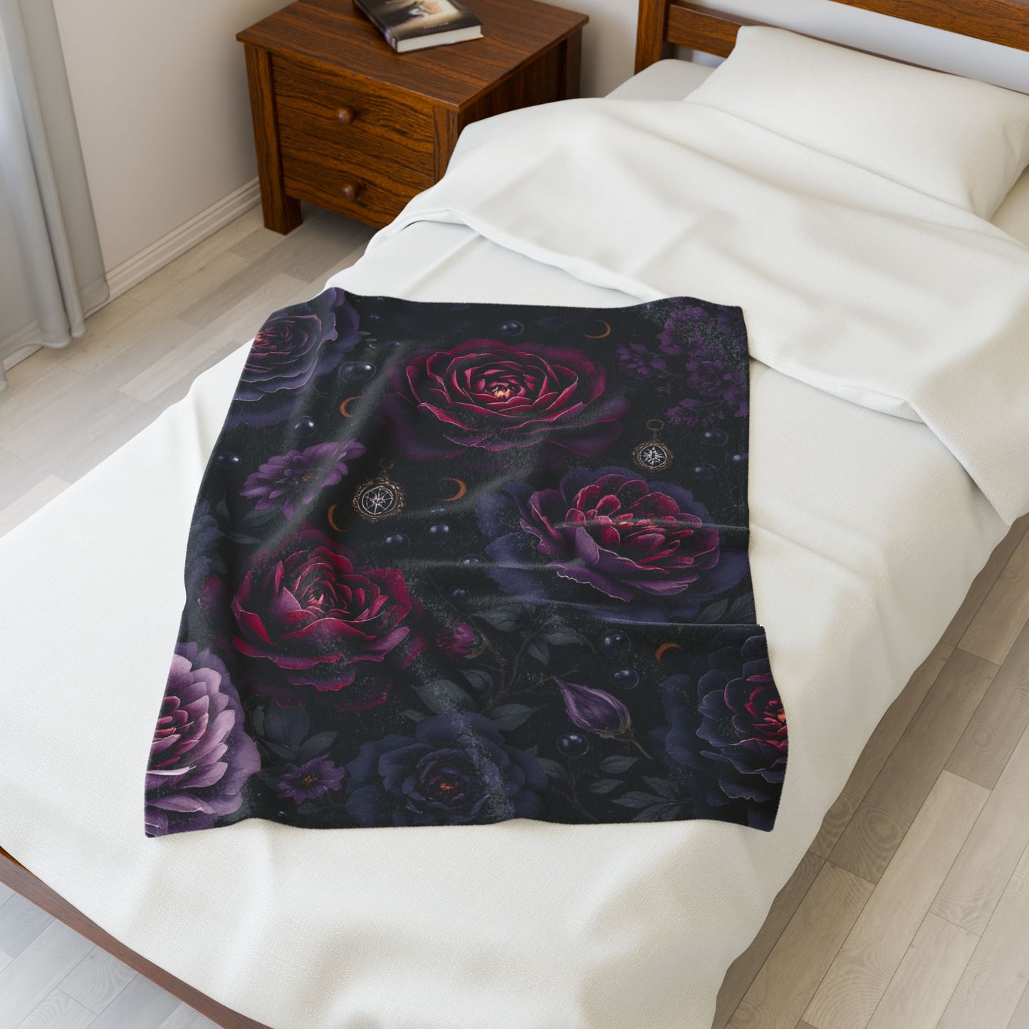 Dark Floral Throw, Velveteen Plush Gothic Blanket ,witchy home decor.