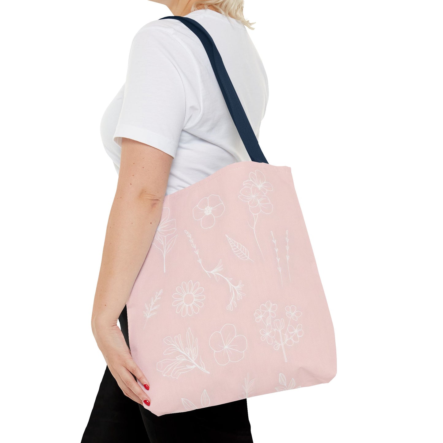 Hand drawn style flower print tote, pastel pink, Canvas shoulder bag, reusable  lunch bag.