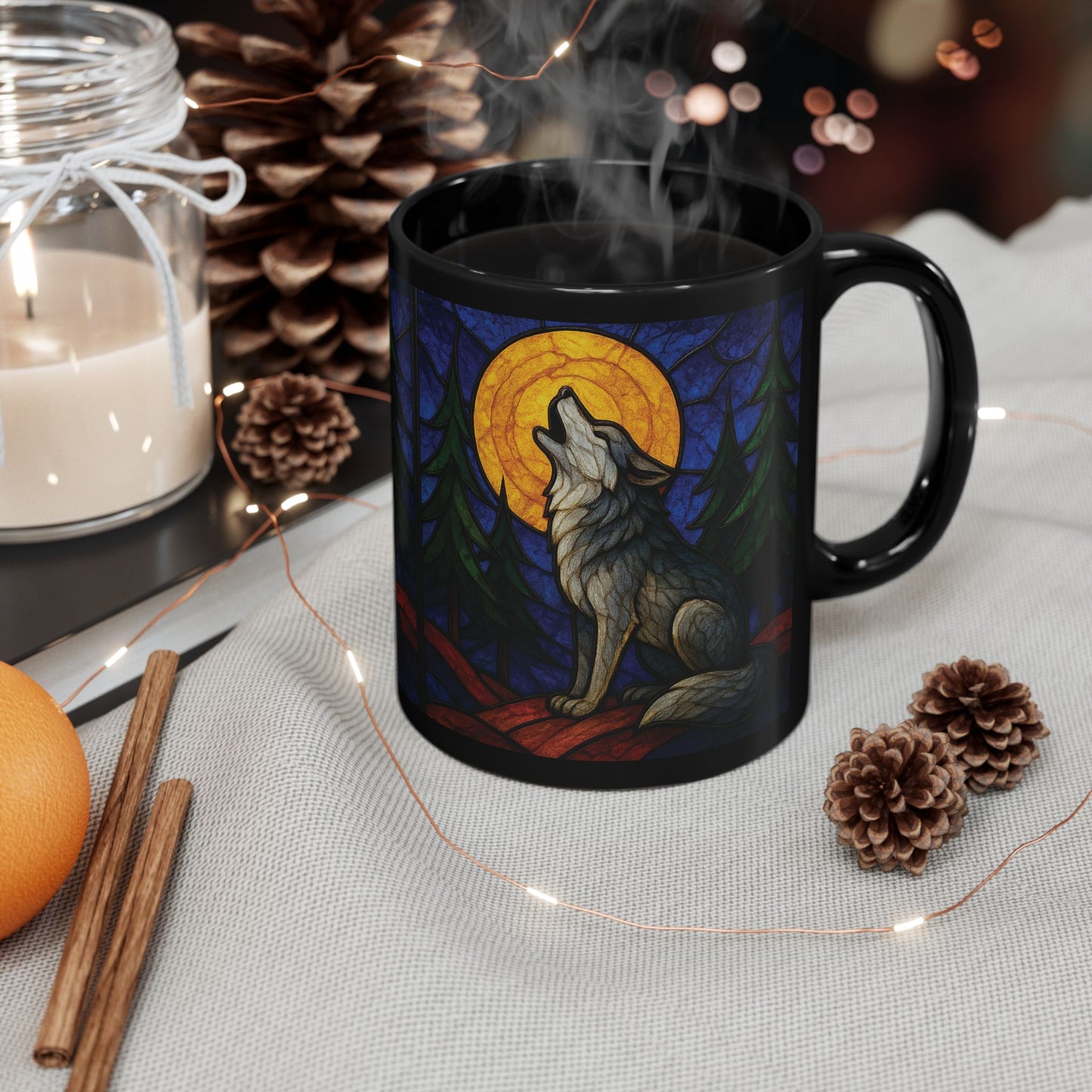 Wolf Coffee Cup with Stained Glass Effect, Ideal for any wolf lover, this wolf cup serves not just as a vessel for your favorite brew but also as a striking symbol of wilderness and wonder.
