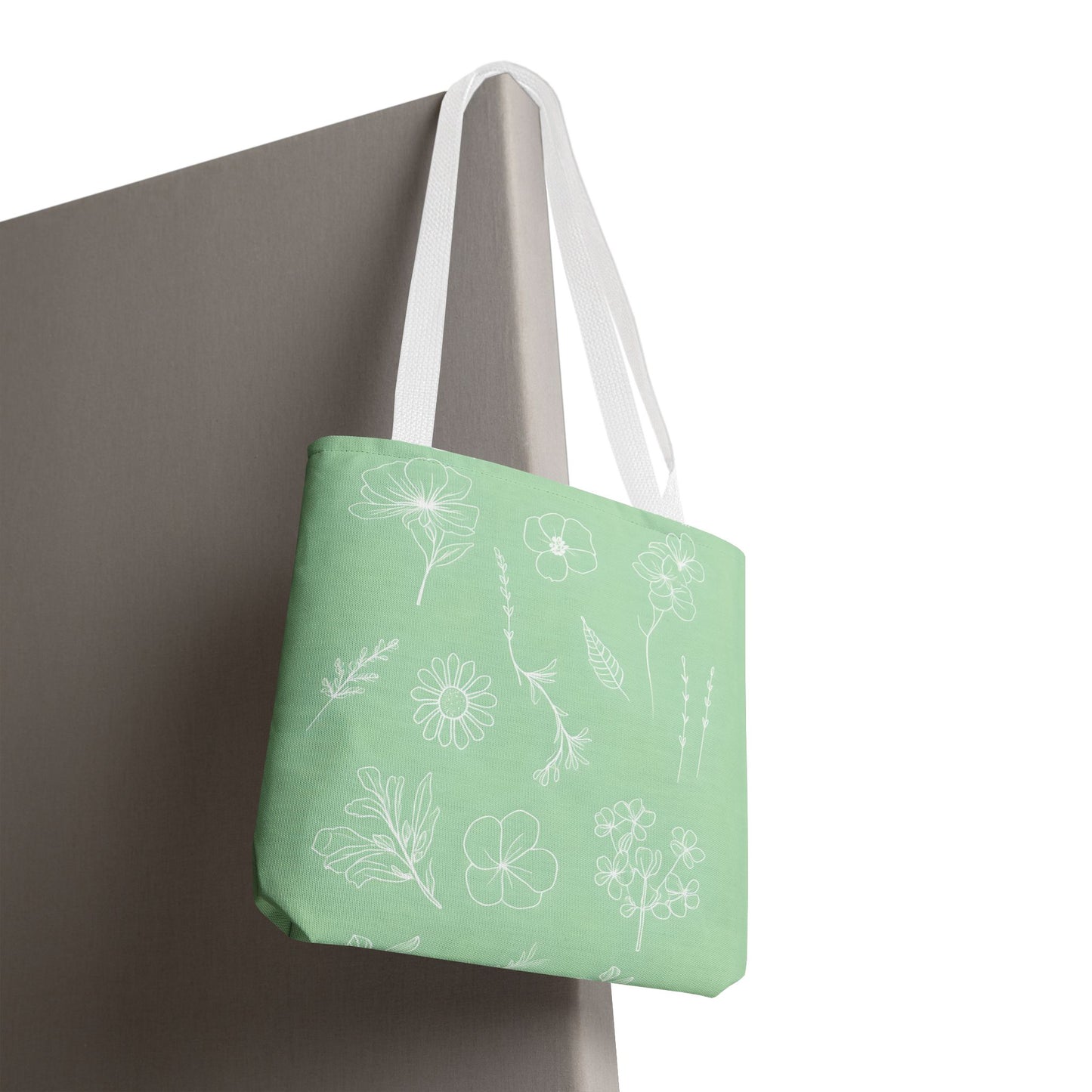 Hand drawn style flower print tote, pastel green, Canvas shoulder bag, reusable  lunch bag.
