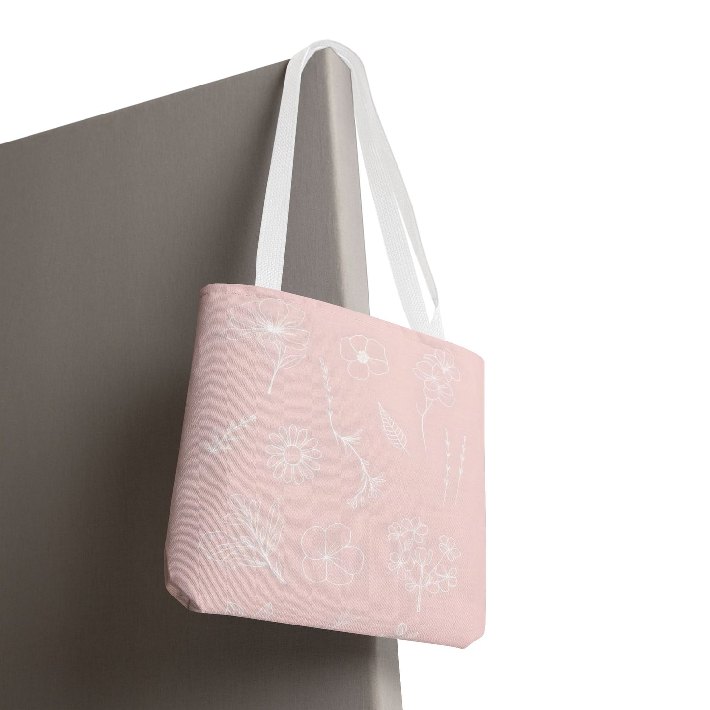 Hand drawn style flower print tote, pastel pink, Canvas shoulder bag, reusable  lunch bag.