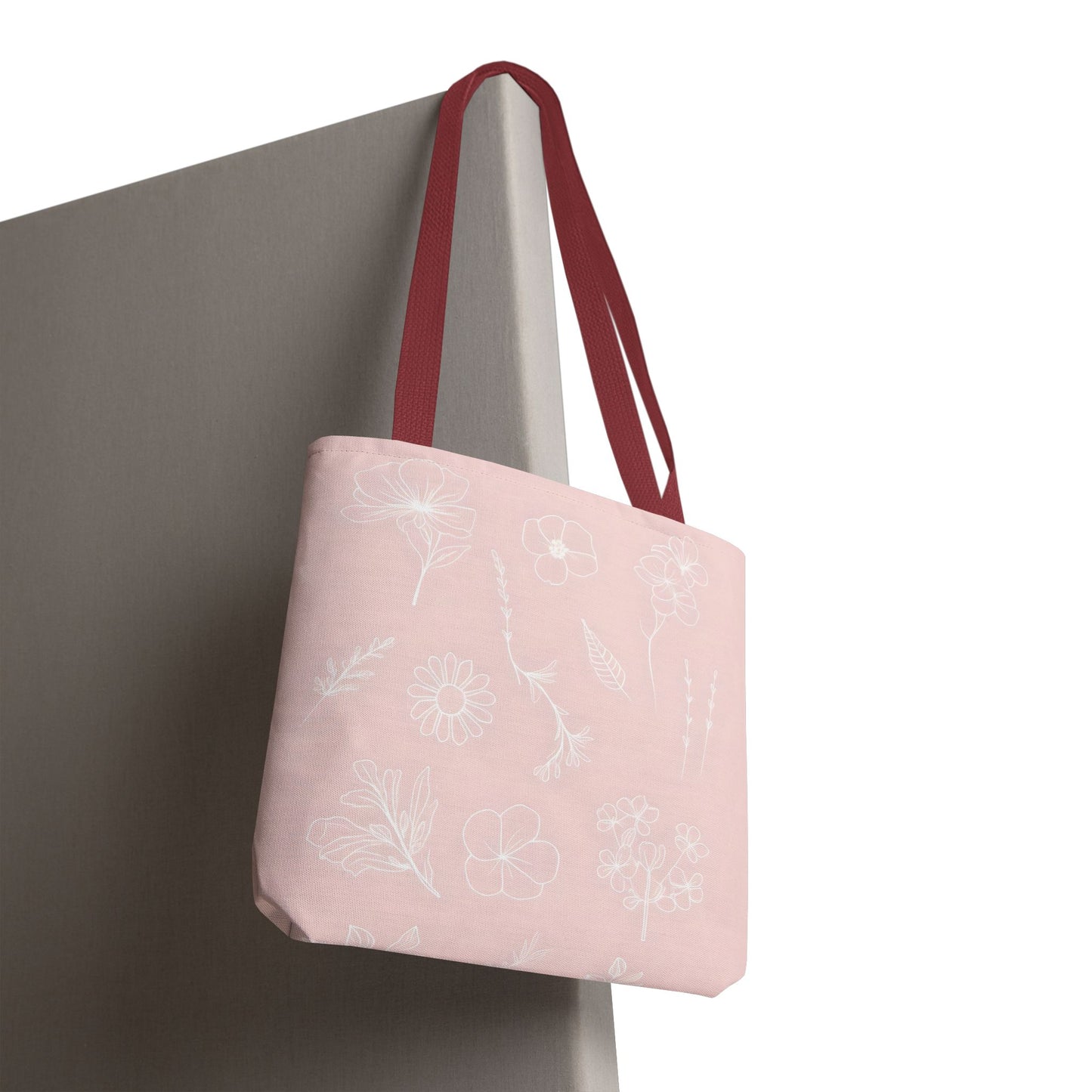 Hand drawn style flower print tote, pastel pink, Canvas shoulder bag, reusable  lunch bag.