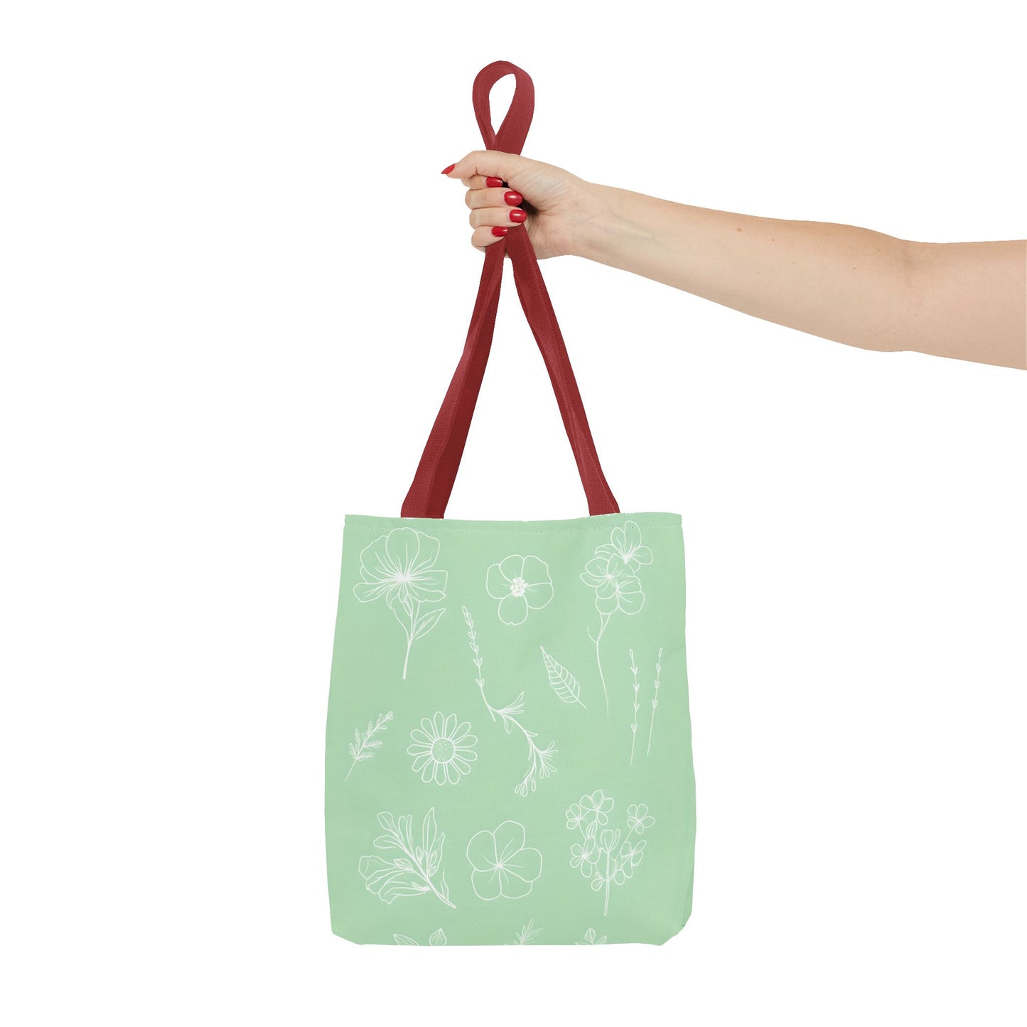 Hand drawn style flower print tote, pastel green, Canvas shoulder bag, reusable  lunch bag.