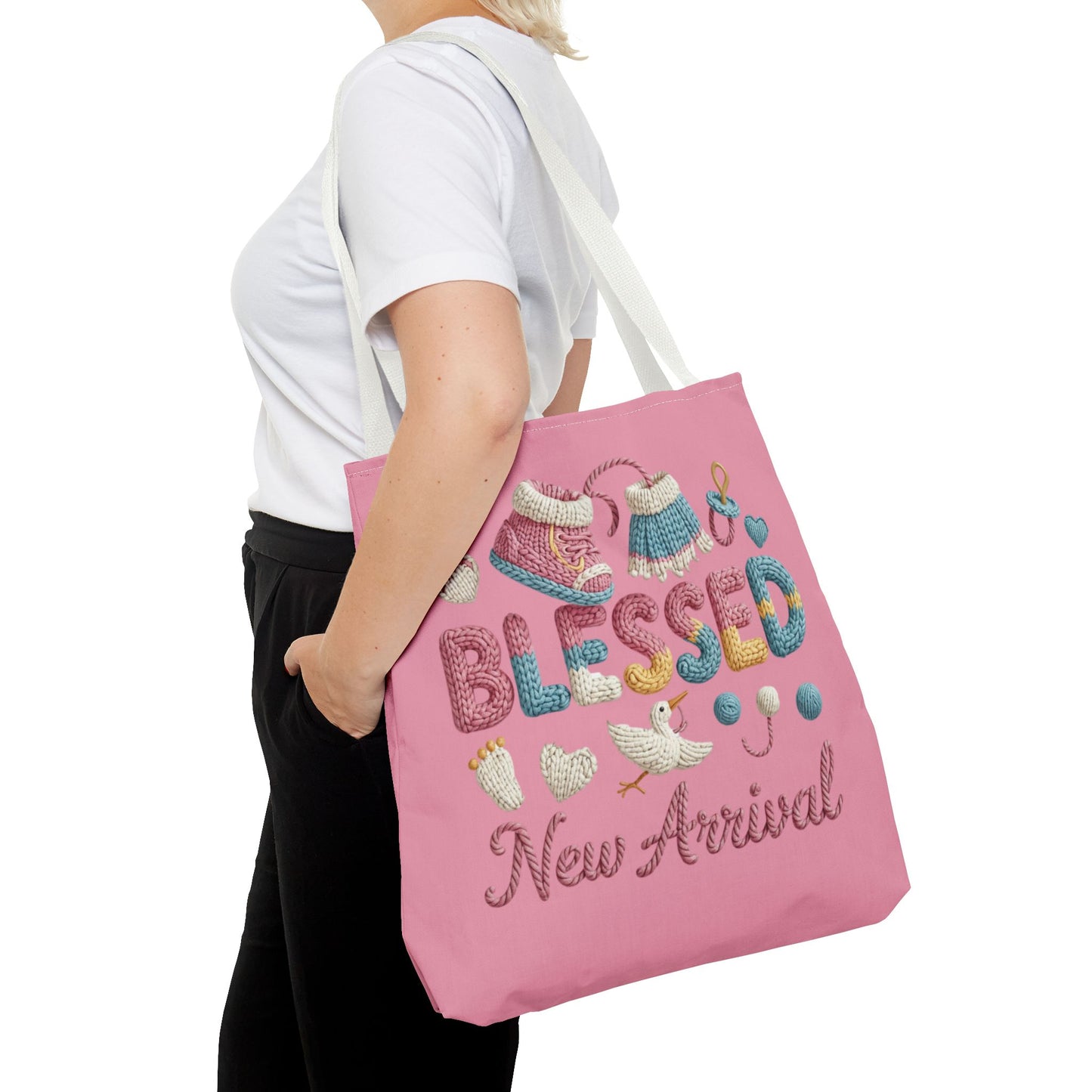 New arrival Tote Bag, knit style lettering Diaper Bag, Mom Essentials, Baby Shower tote.