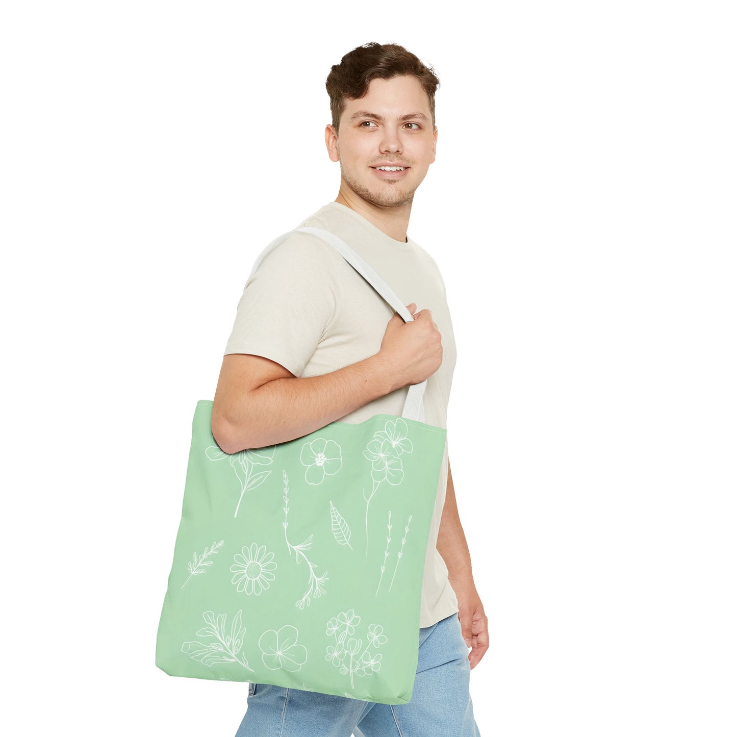 Hand drawn style flower print tote, pastel green, Canvas shoulder bag, reusable  lunch bag.