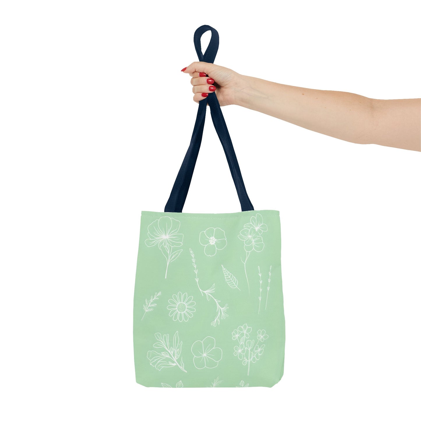 Hand drawn style flower print tote, pastel green, Canvas shoulder bag, reusable  lunch bag.