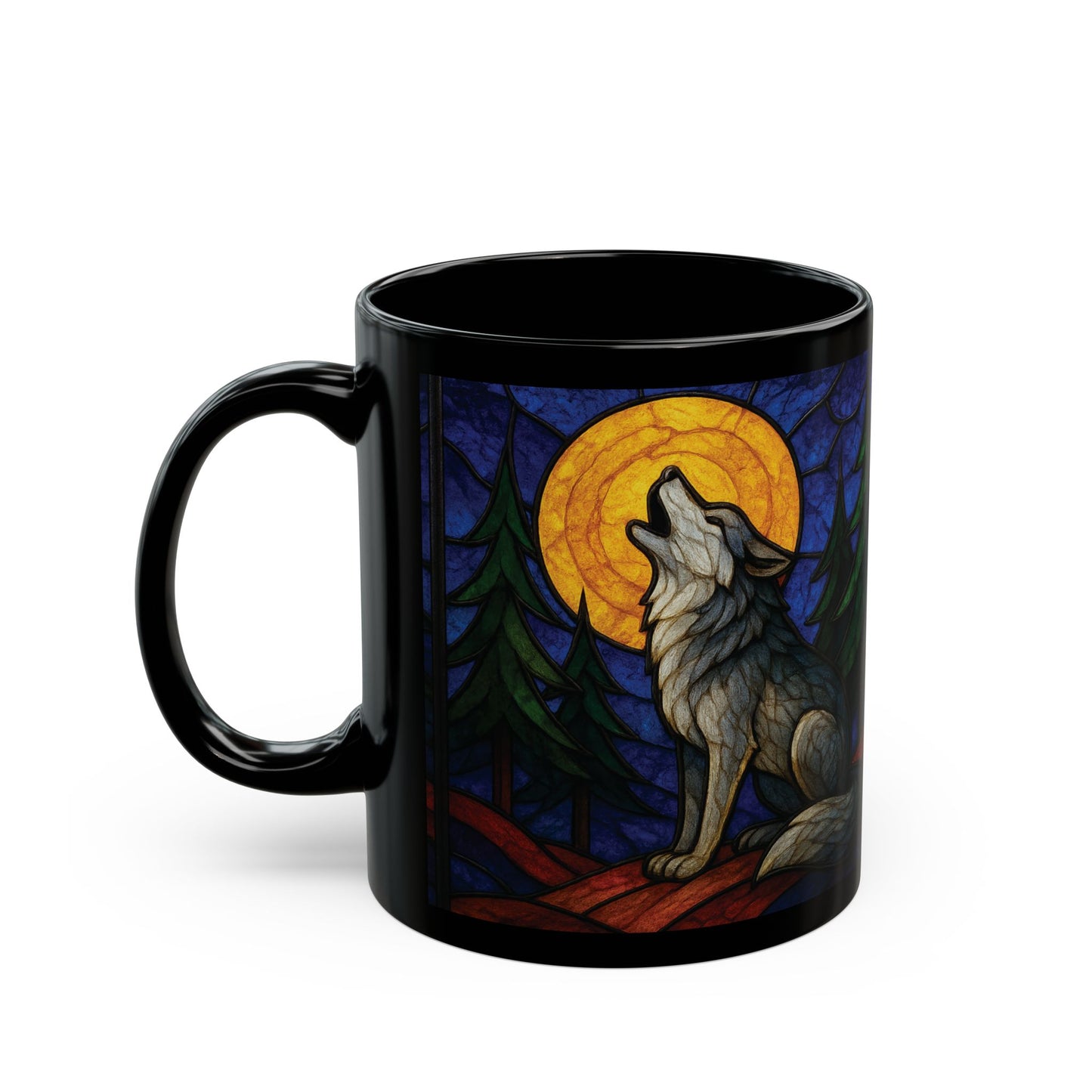 Wolf Coffee Cup with Stained Glass Effect, Ideal for any wolf lover, this wolf cup serves not just as a vessel for your favorite brew but also as a striking symbol of wilderness and wonder.