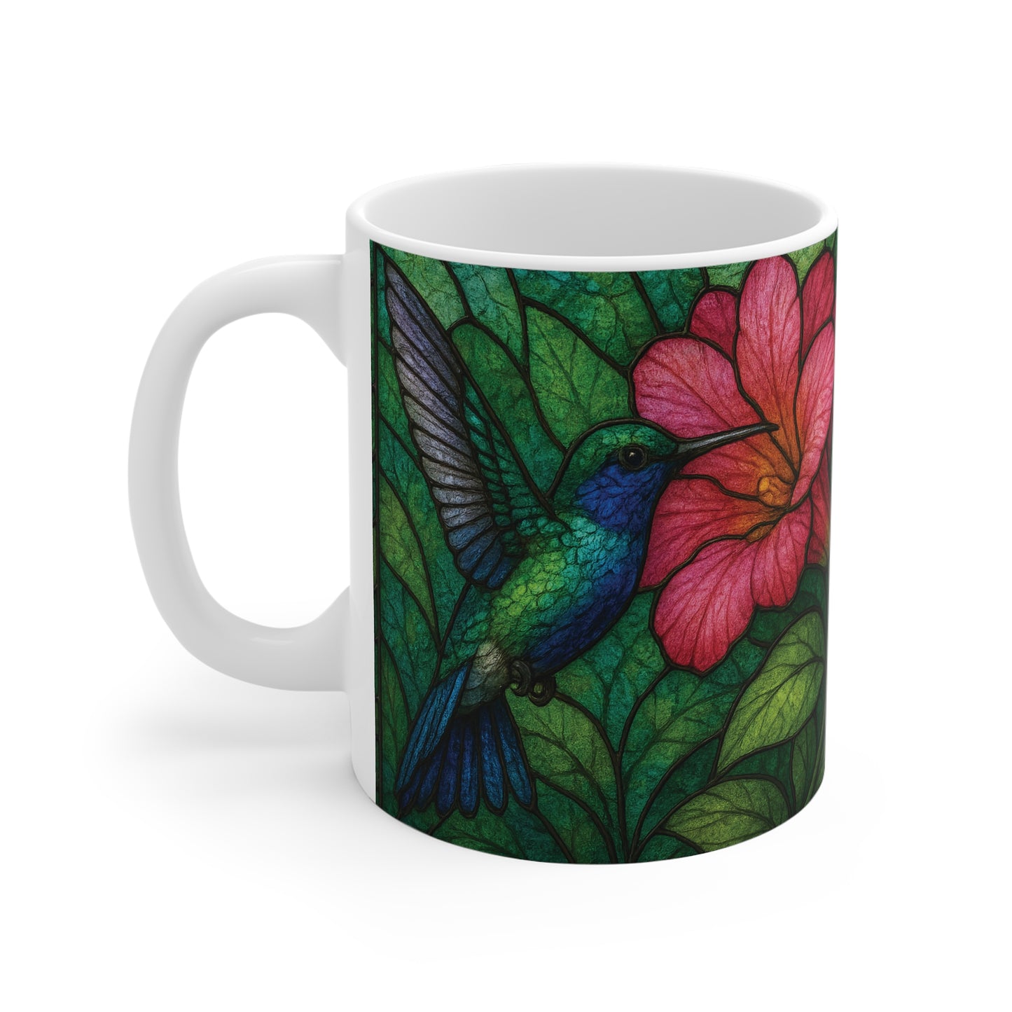 Hummingbird Stained Glass Effect Mug, Perfect as a hummingbird gift for loved ones or a special treat for yourself.