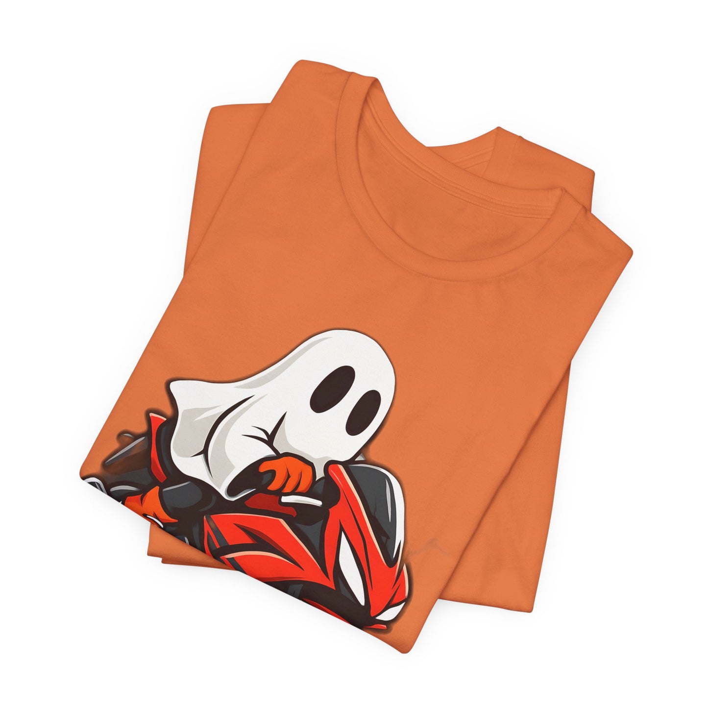 Ghosty Biker T-shirt, This ghost rider shirt captures the essence of Halloween with its hauntingly cool design, making it an essential piece for motorcycle enthusiasts who crave a dose of the supernatural.
