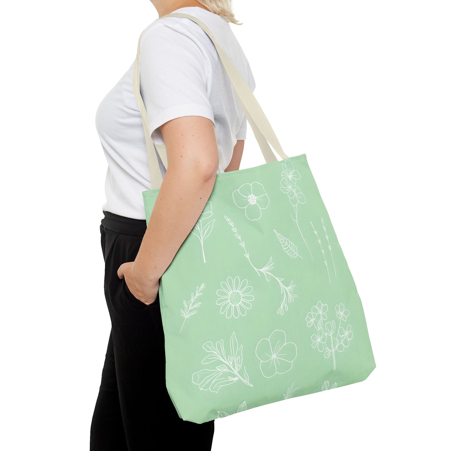 Hand drawn style flower print tote, pastel green, Canvas shoulder bag, reusable  lunch bag.