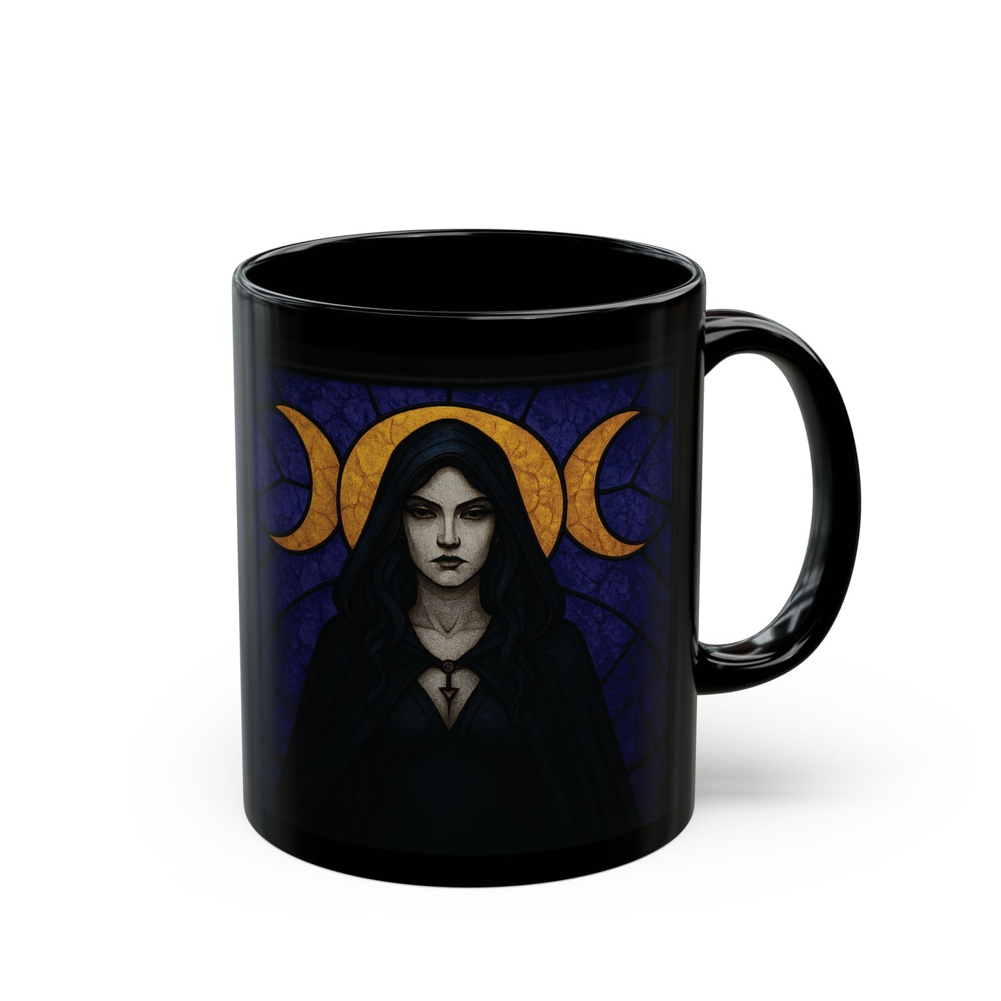Triple Moon Goddess Stained Glass Effect Mug, Perfect as a spiritual gift idea, it brings together the power of the triple moon, embodying the essence of the moon goddess.