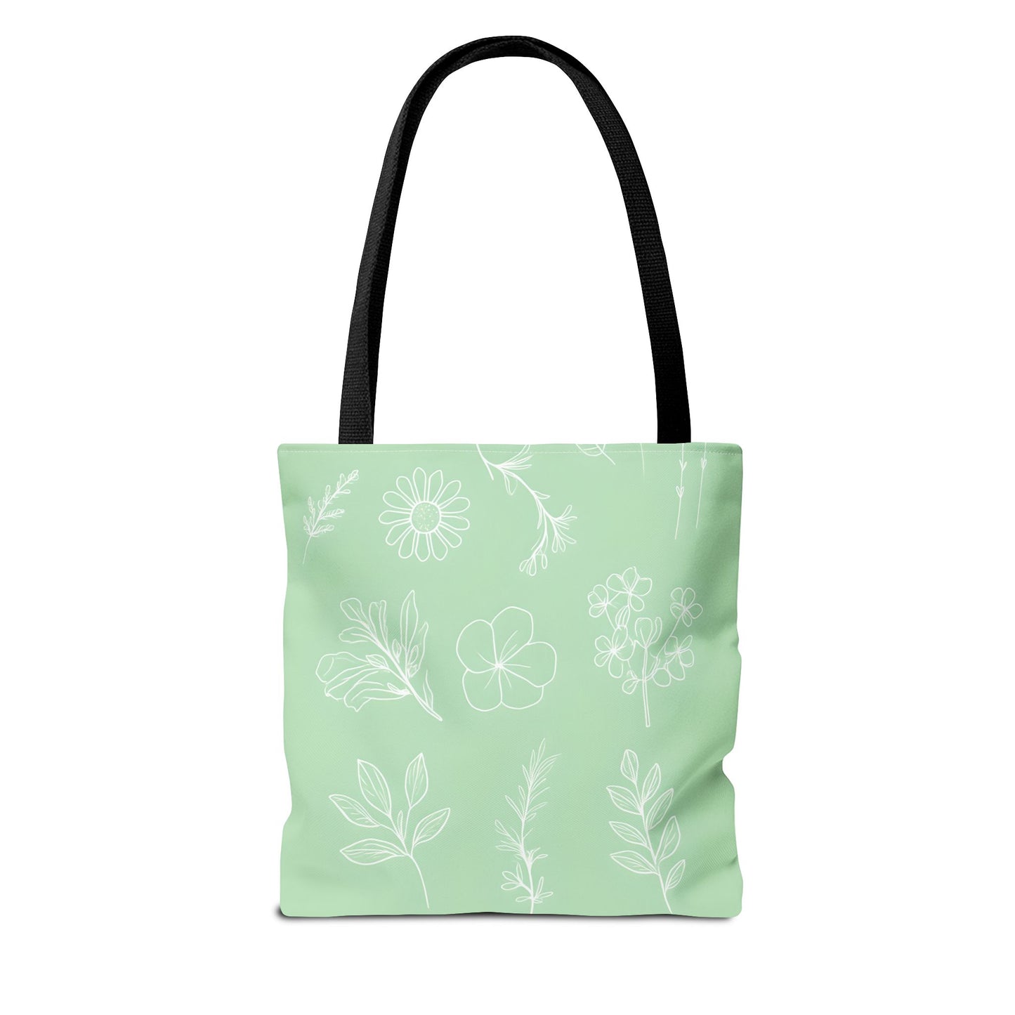 Hand drawn style flower print tote, pastel green, Canvas shoulder bag, reusable  lunch bag.