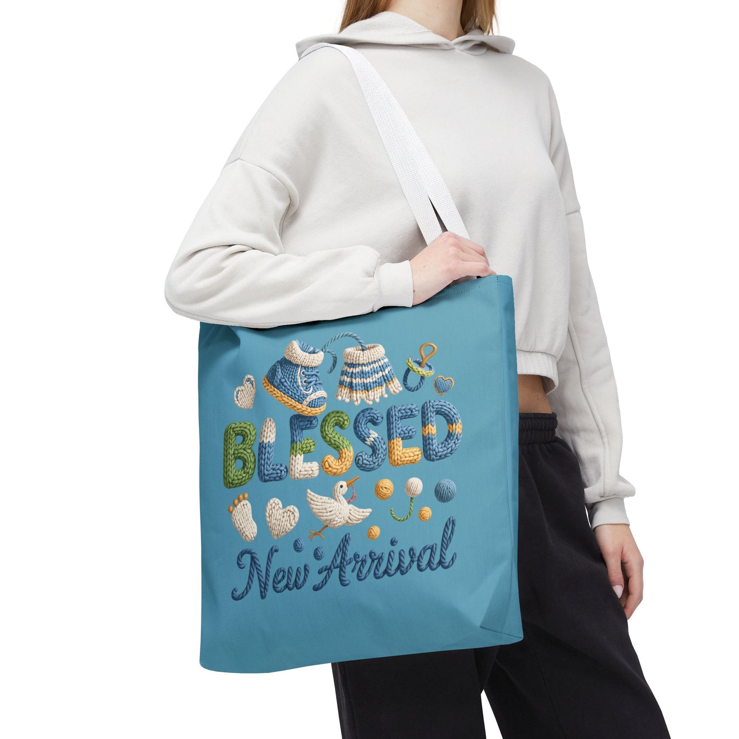 Baby shower tote, diaper bag, Polyester, knit style lettering design