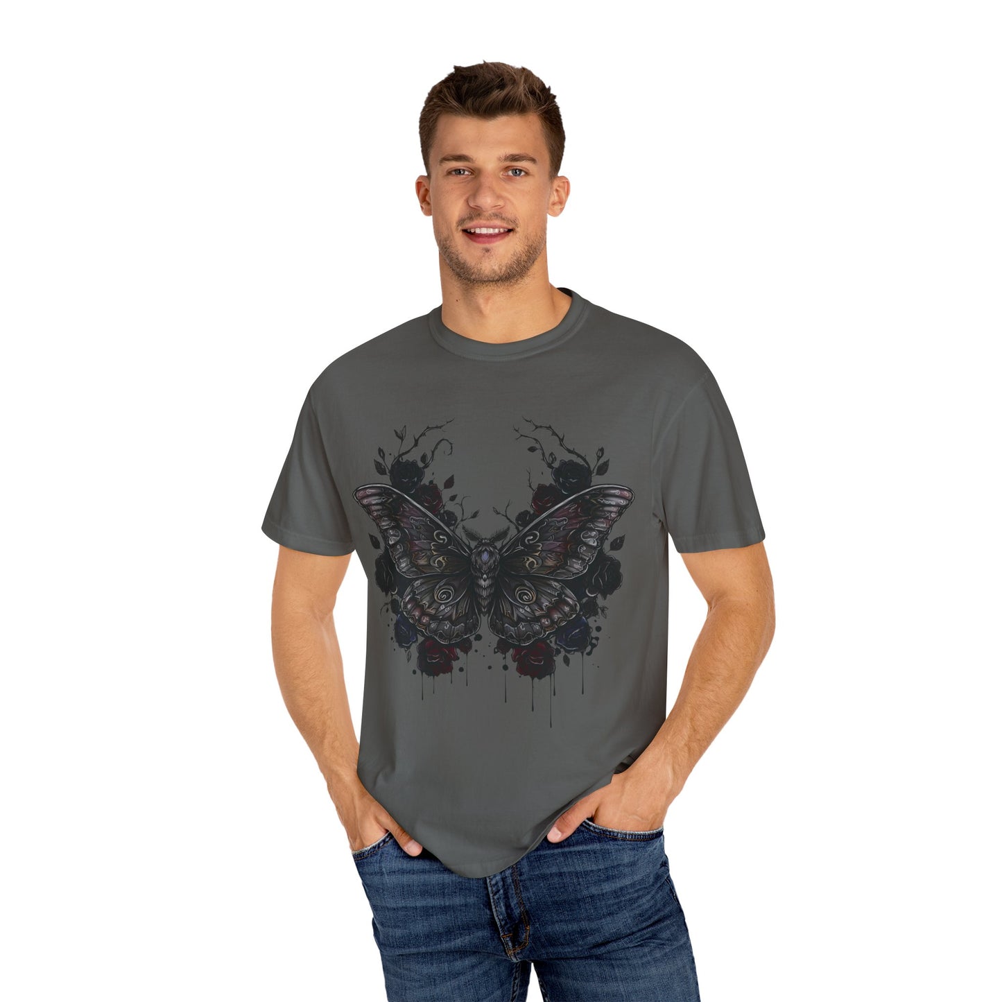 Death Moth Gothic Apparel | Dark Aesthetic Comfort Colours Tee | Alternative Goth T-Shirt