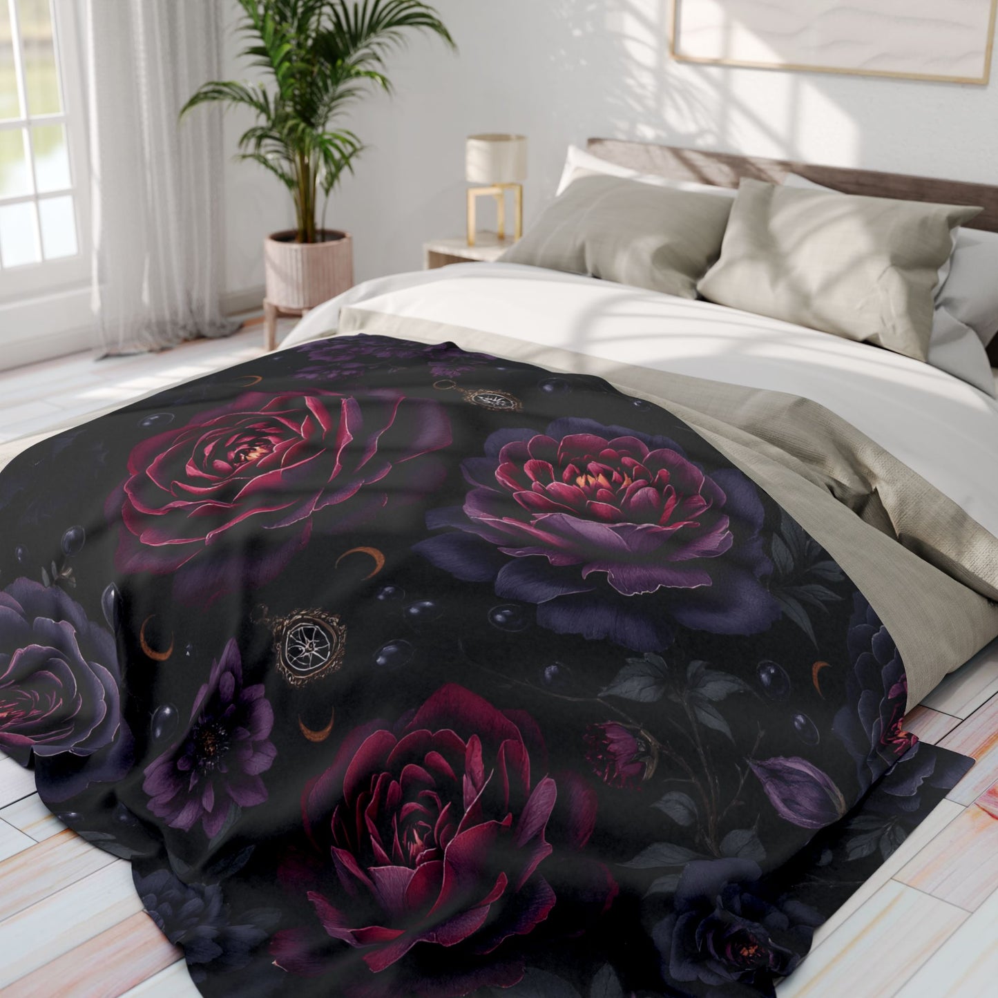 Black floral Fleece Blanket gothic home decor ,winter warm throw