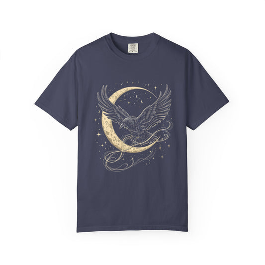 Raven Crescent Moon T-Shirt | Witchy Celestial Crow Tee | Gothic Folk Art Shirt | Dark Academia Forestcore Aesthetic Top