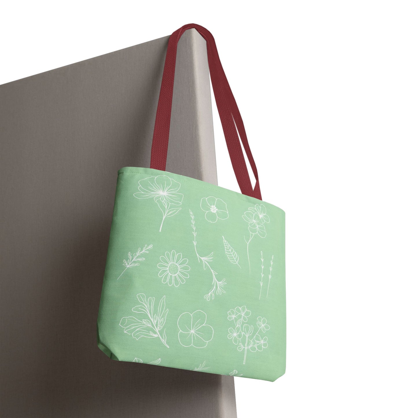 Hand drawn style flower print tote, pastel green, Canvas shoulder bag, reusable  lunch bag.