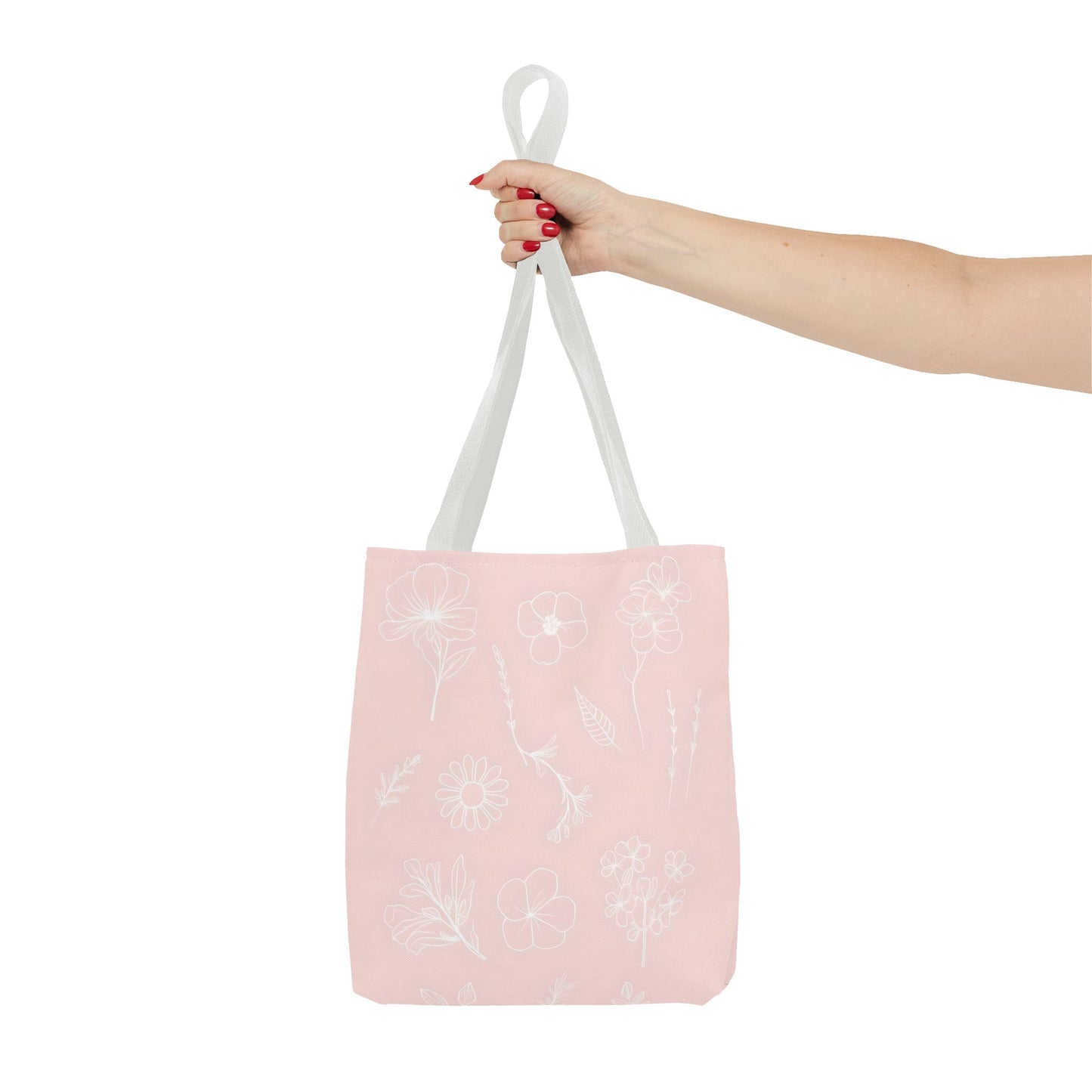 Hand drawn style flower print tote, pastel pink, Canvas shoulder bag, reusable  lunch bag.
