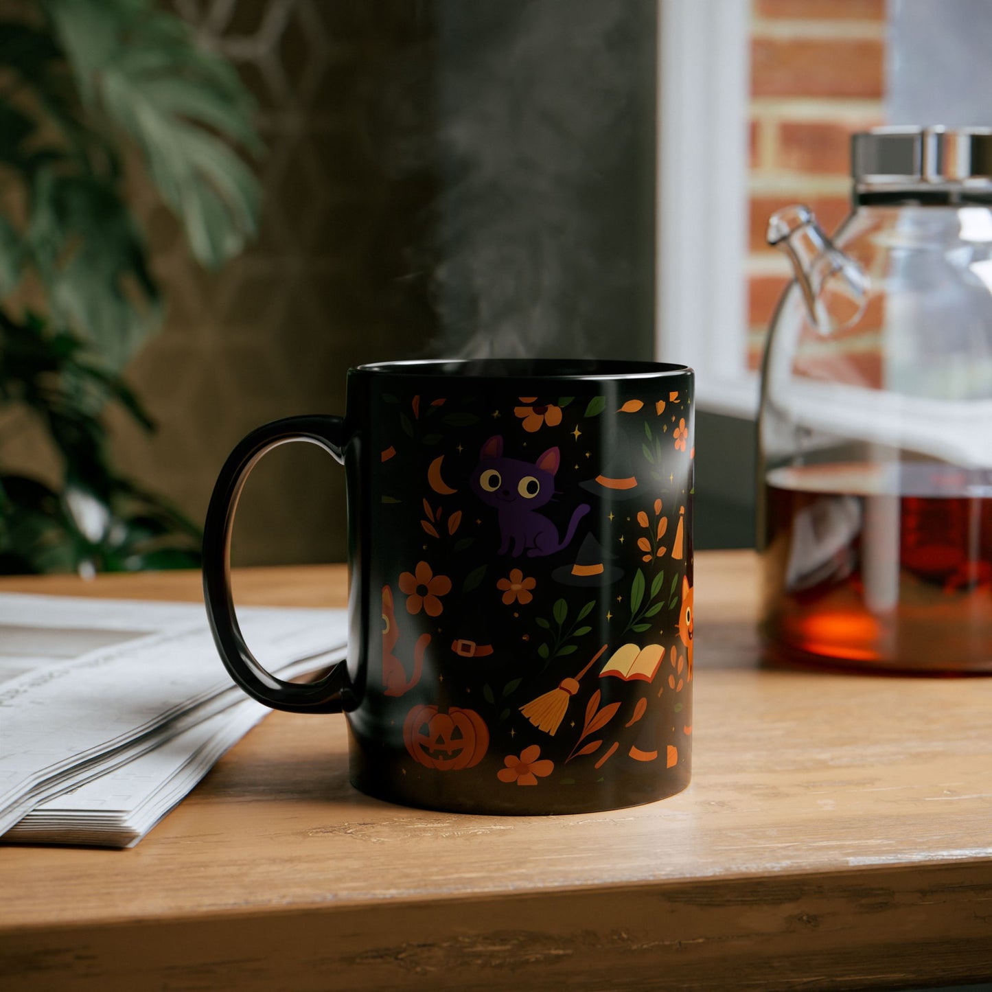 Colourful cat Halloween mug,featuring a cheeky cat with all things Halloween, making it the perfect spooky mug for both hot chocolates and enchanting brews. 