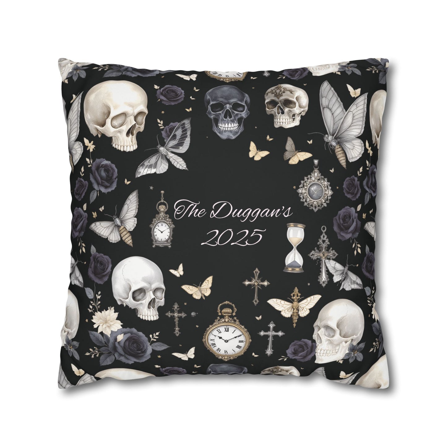 Gothic Skull Floral Pattern Square Pillowcase | gothic throw pillow, personalized whimsigoth decor