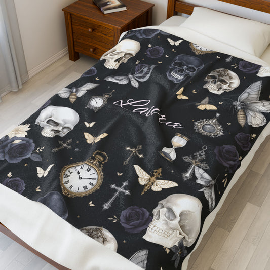Gothic Skulls and Roses Velveteen Plush Blanket | Personalized Name Option