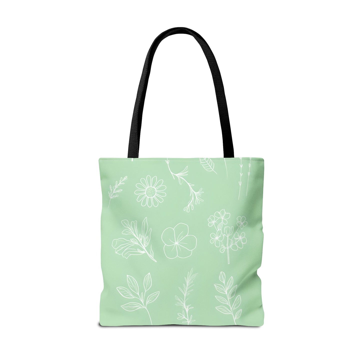 Hand drawn style flower print tote, pastel green, Canvas shoulder bag, reusable  lunch bag.