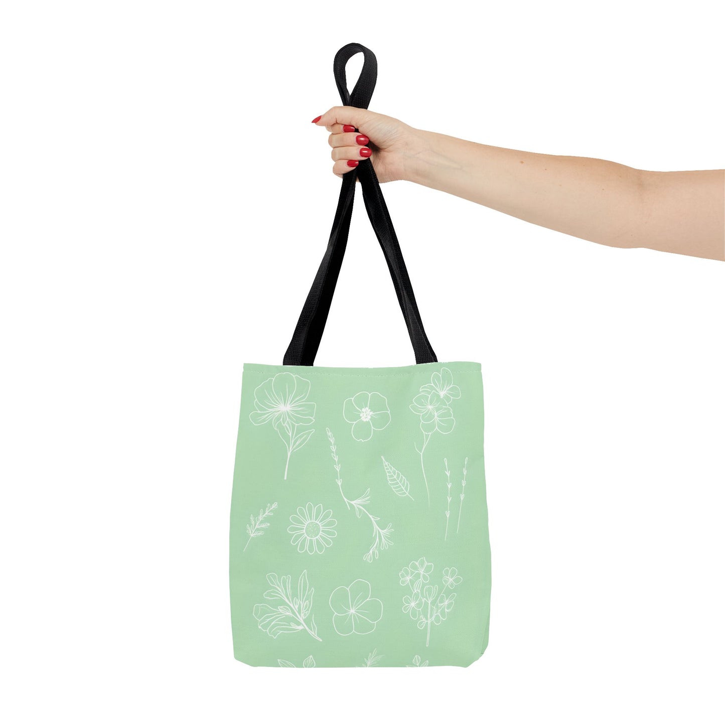 Hand drawn style flower print tote, pastel green, Canvas shoulder bag, reusable  lunch bag.