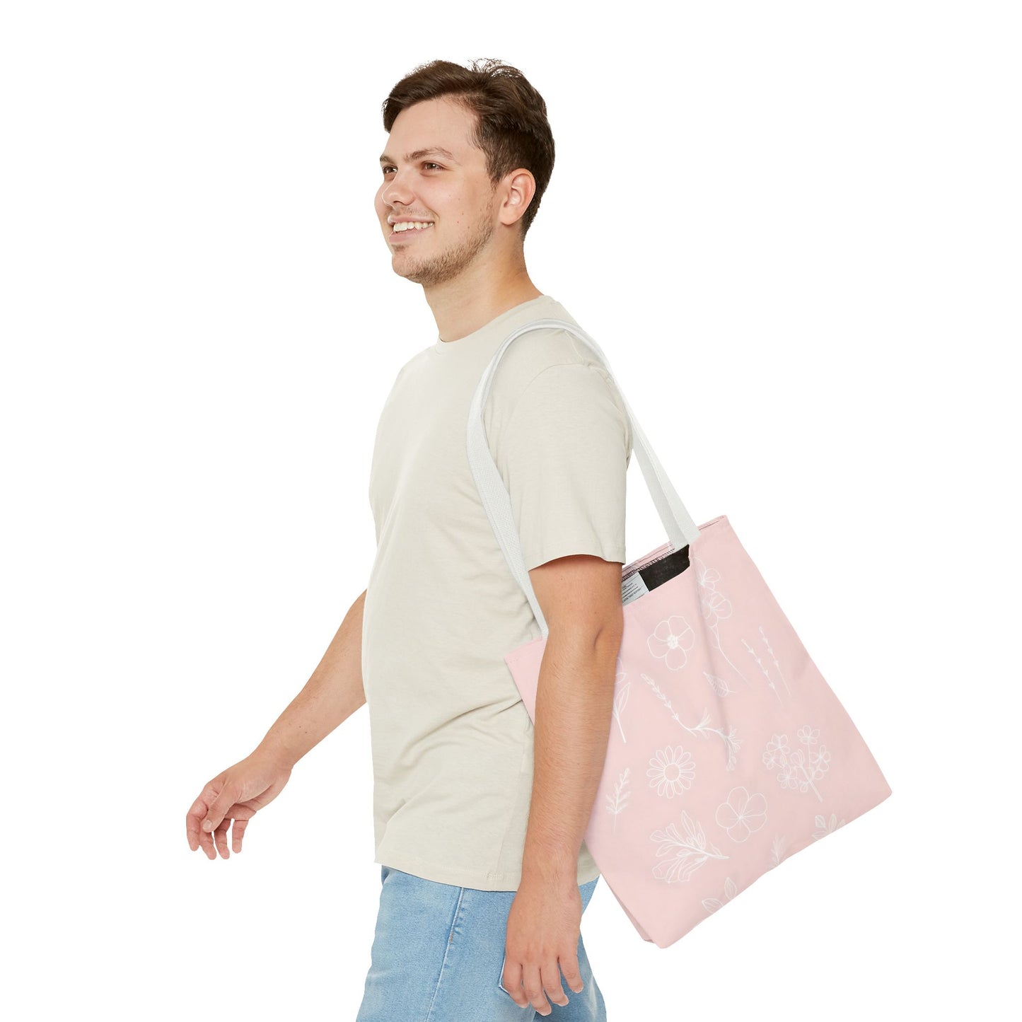 Hand drawn style flower print tote, pastel pink, Canvas shoulder bag, reusable  lunch bag.