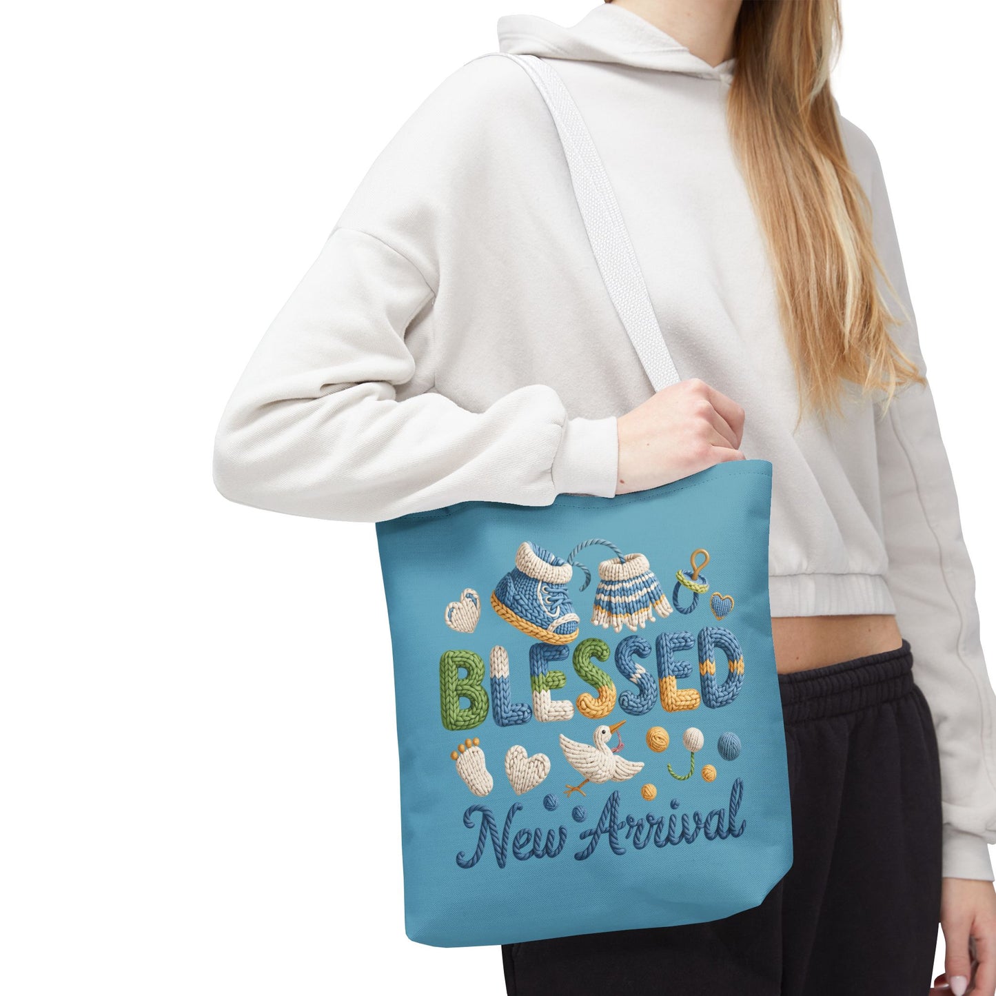 Baby shower tote, diaper bag, Polyester, knit style lettering design