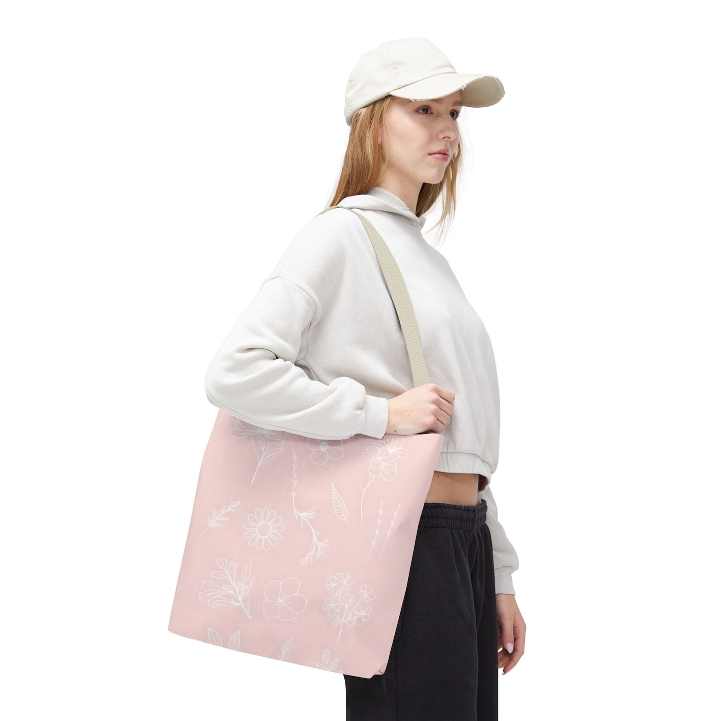 Hand drawn style flower print tote, pastel pink, Canvas shoulder bag, reusable  lunch bag.