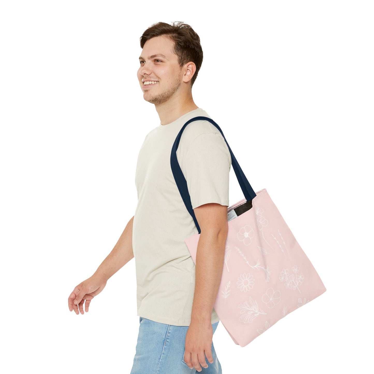 Hand drawn style flower print tote, pastel pink, Canvas shoulder bag, reusable  lunch bag.