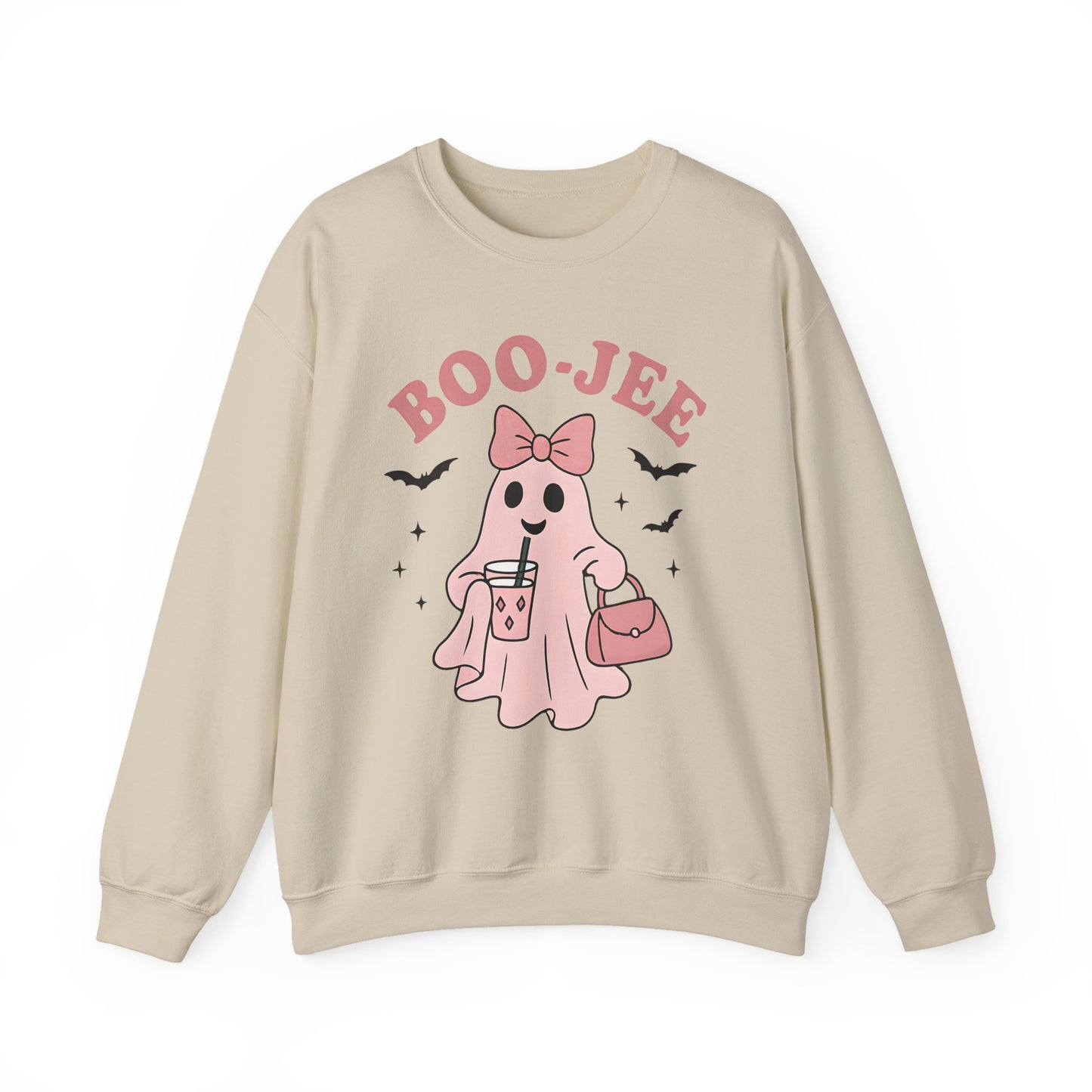 Boo-Jee Ghost Sweatshirt This playful garment, affectionately known as the boojee sweater, showcases charming ghosties adorned with a delightful pink bow.