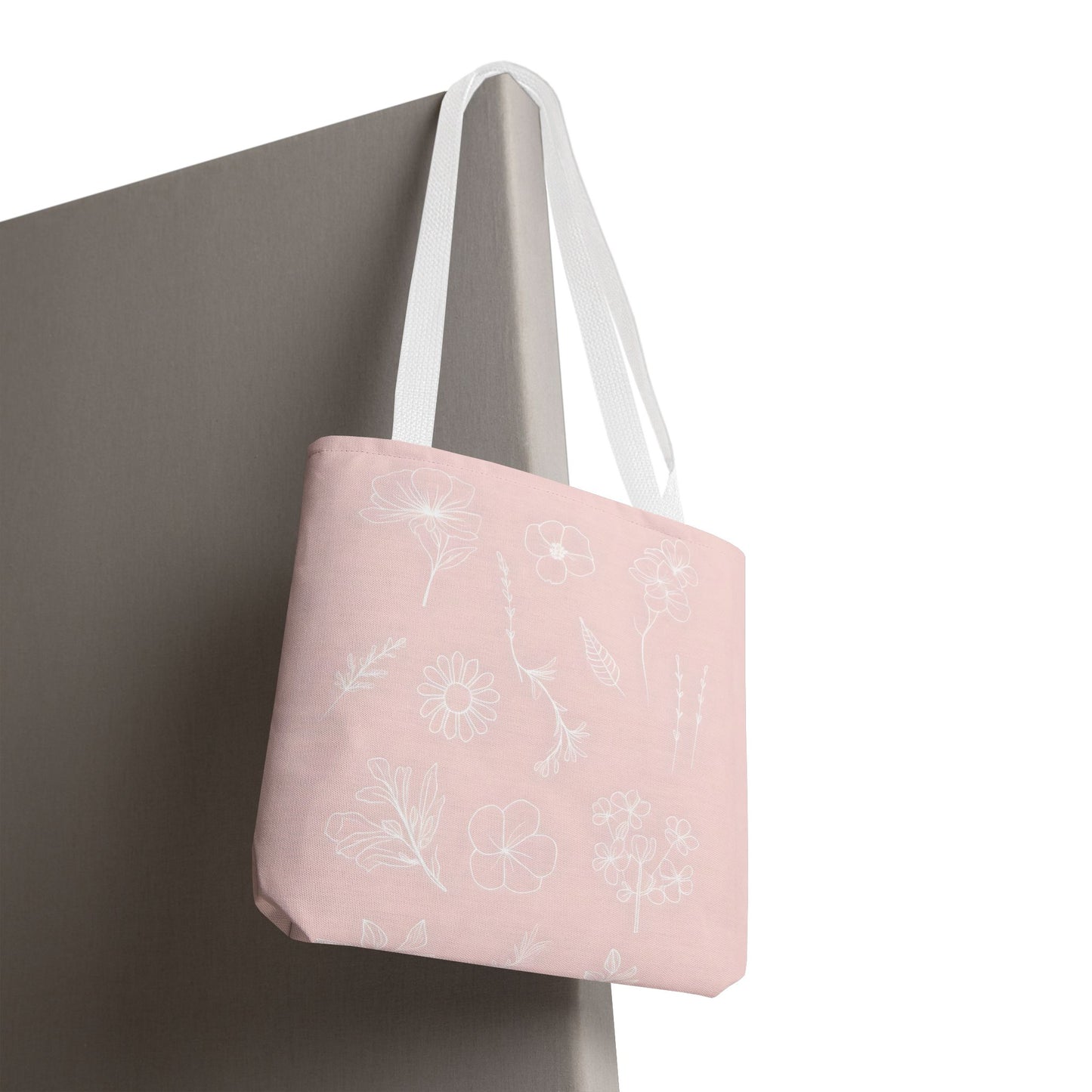 Hand drawn style flower print tote, pastel pink, Canvas shoulder bag, reusable  lunch bag.