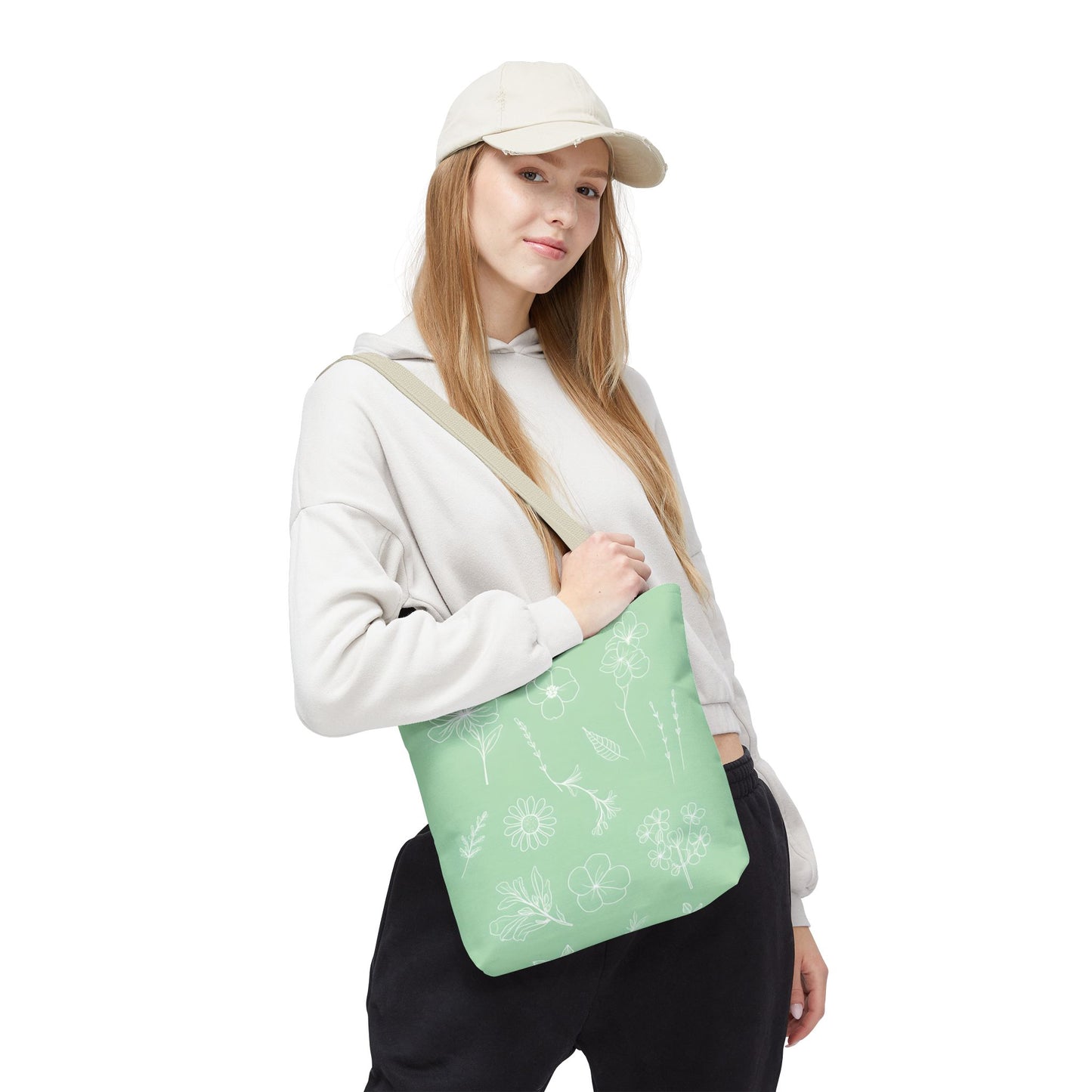 Hand drawn style flower print tote, pastel green, Canvas shoulder bag, reusable  lunch bag.