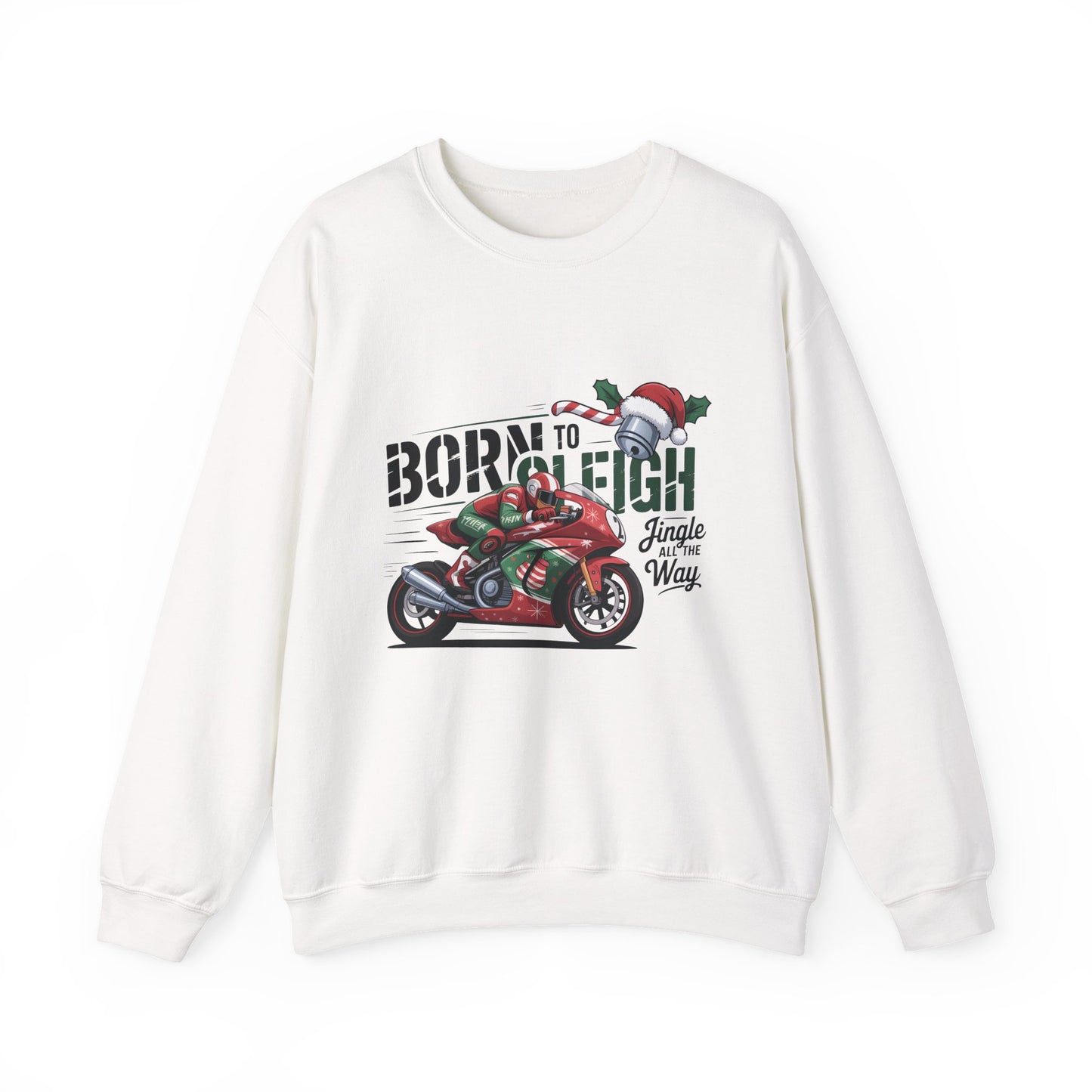 Biker Xmas Jumper, Born To Sleigh Jingle All the Way, this motorcycle sweater is a must-have for bike lover gifts.