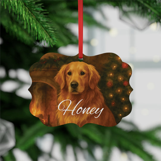Festive Gold Retriever Tree Ornament, this metal tree ornament wonderfully captures the spirit of your beloved family dog.