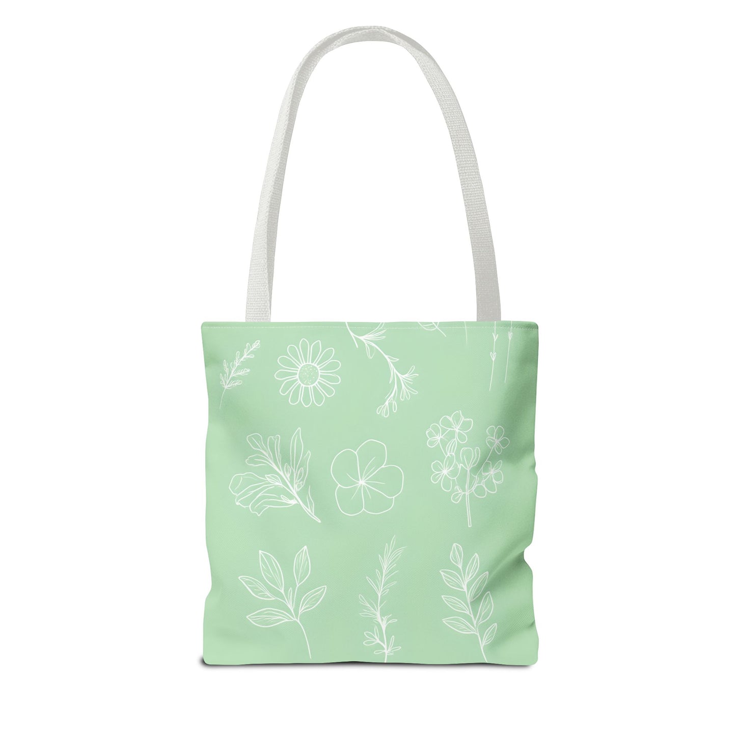 Hand drawn style flower print tote, pastel green, Canvas shoulder bag, reusable  lunch bag.