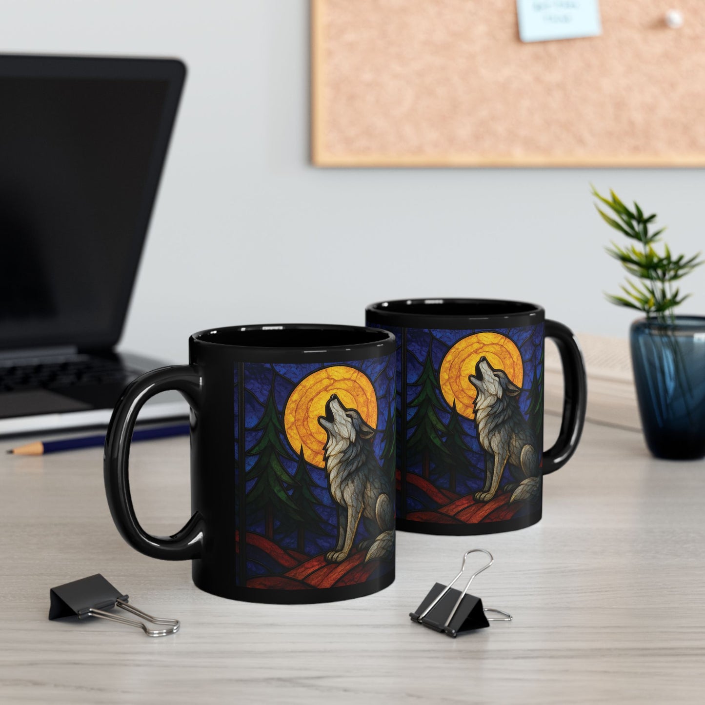 Wolf Coffee Cup with Stained Glass Effect, Ideal for any wolf lover, this wolf cup serves not just as a vessel for your favorite brew but also as a striking symbol of wilderness and wonder.