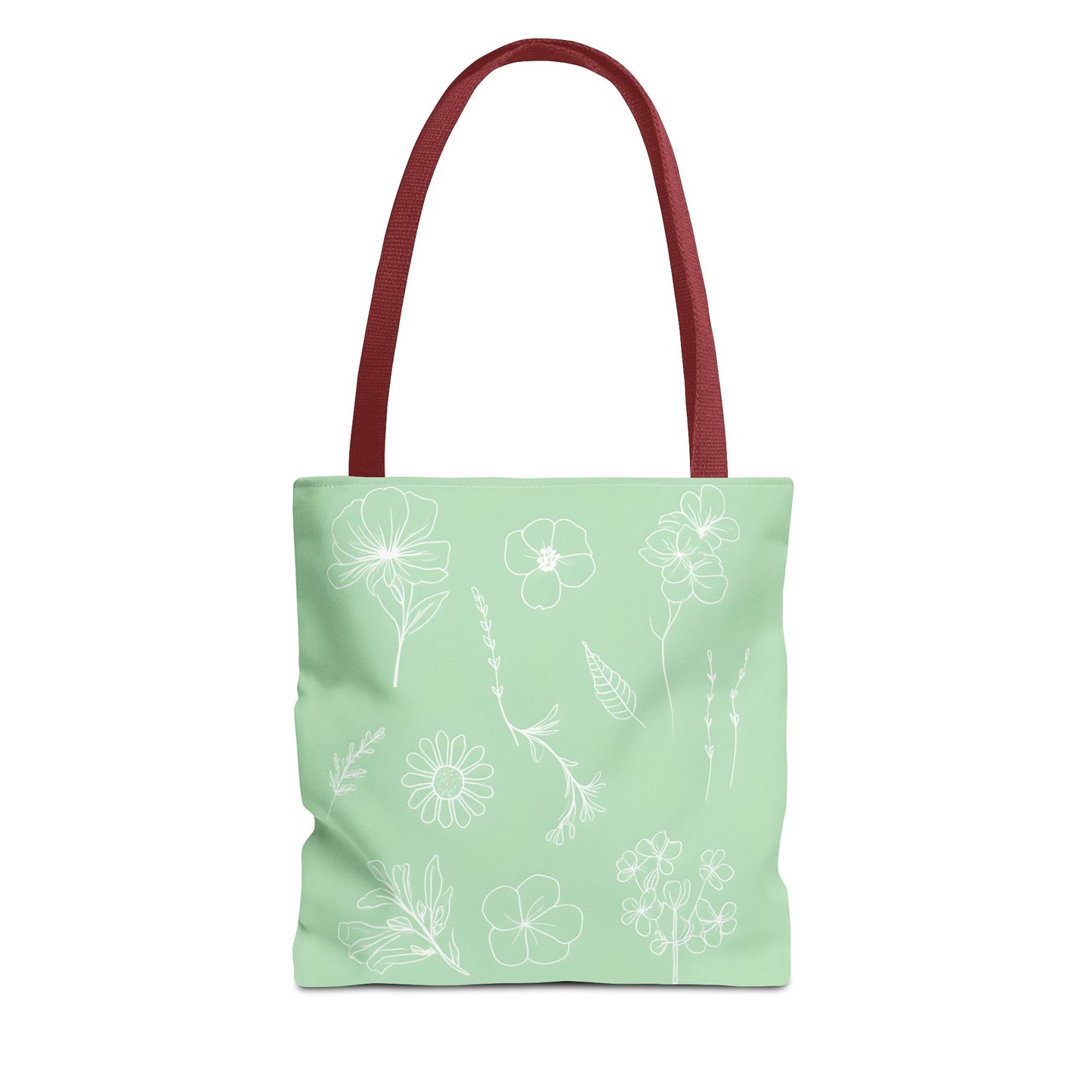 Hand drawn style flower print tote, pastel green, Canvas shoulder bag, reusable  lunch bag.