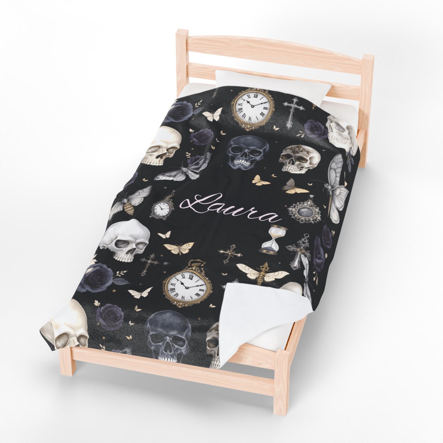Gothic Skulls and Roses Velveteen Plush Blanket | Personalized Name Option