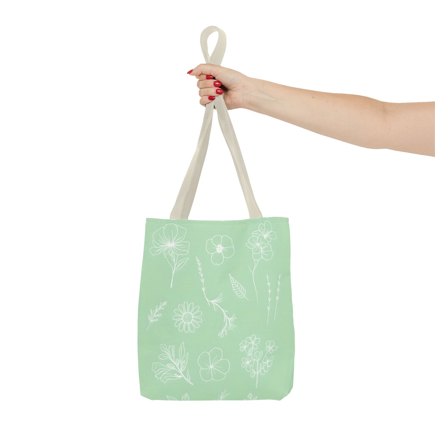 Hand drawn style flower print tote, pastel green, Canvas shoulder bag, reusable  lunch bag.