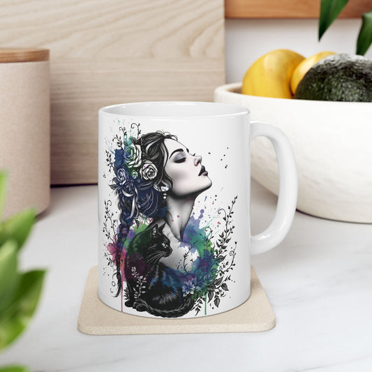 Cat Coffee Mug, witchy gift for her, pagan goddess watercolour mug,